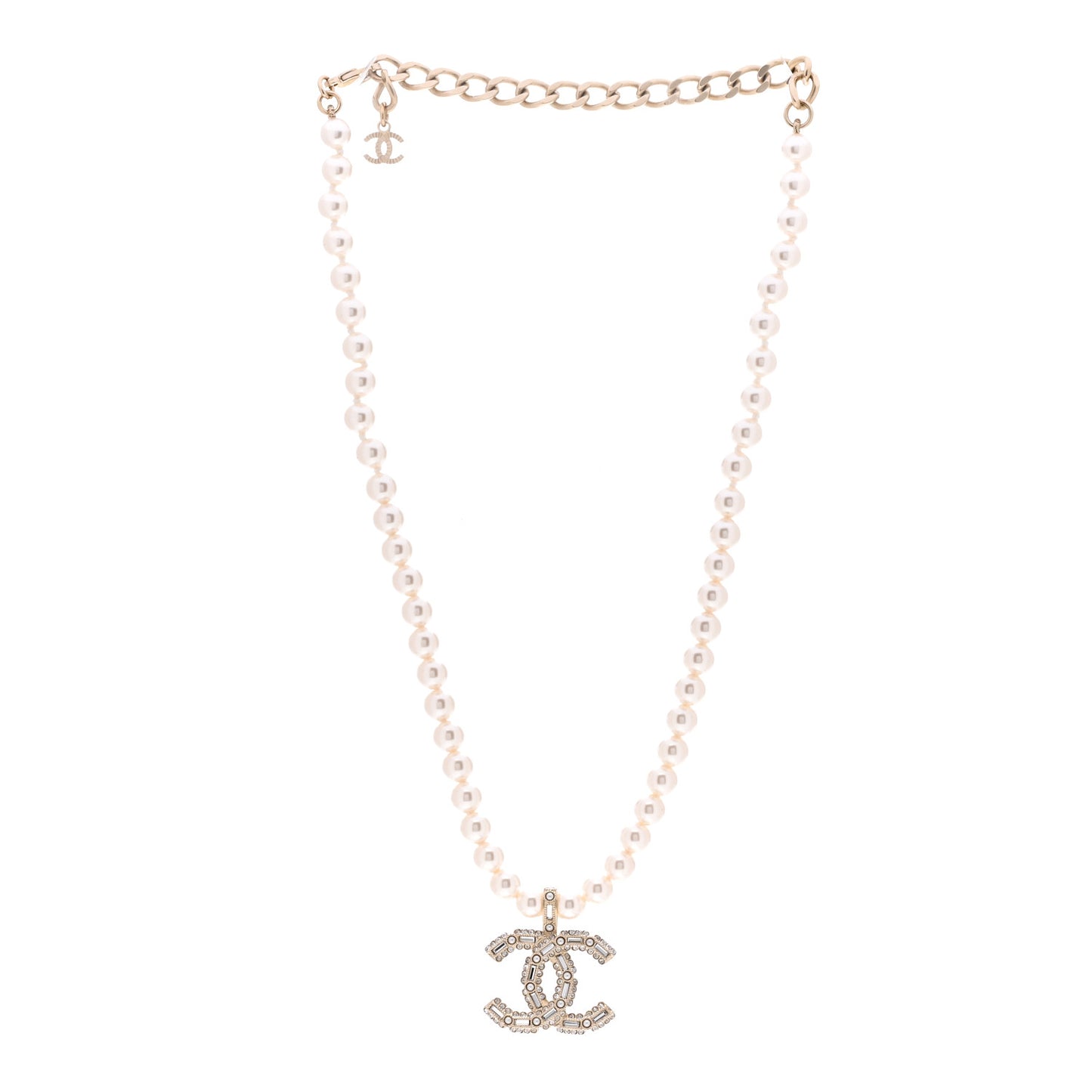 Pearl Crystal Baguette CC Short Necklace Gold