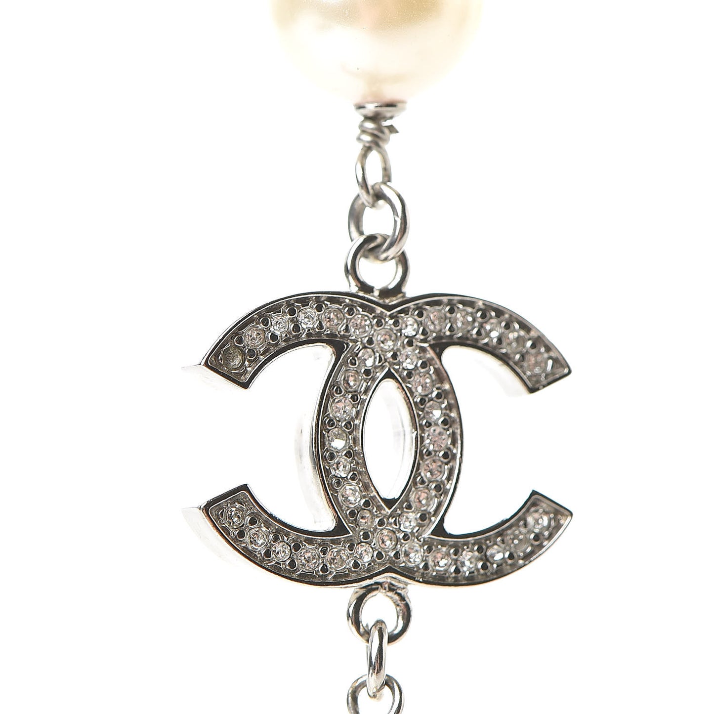 Crystal Pearl CC Long Necklace Silver