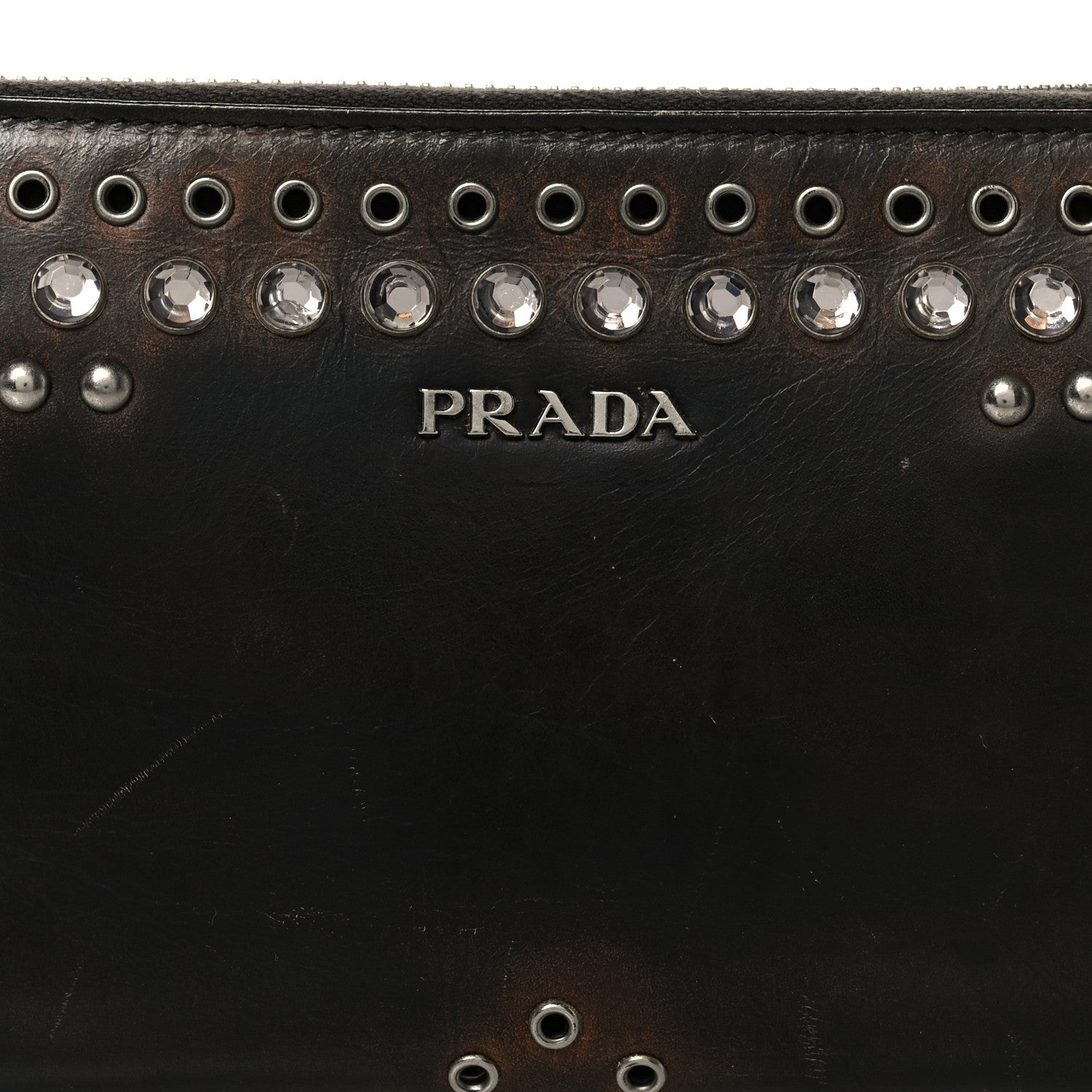 Prada Aged Calfskin Grommet Crystal Studded Zip Around Wallet
