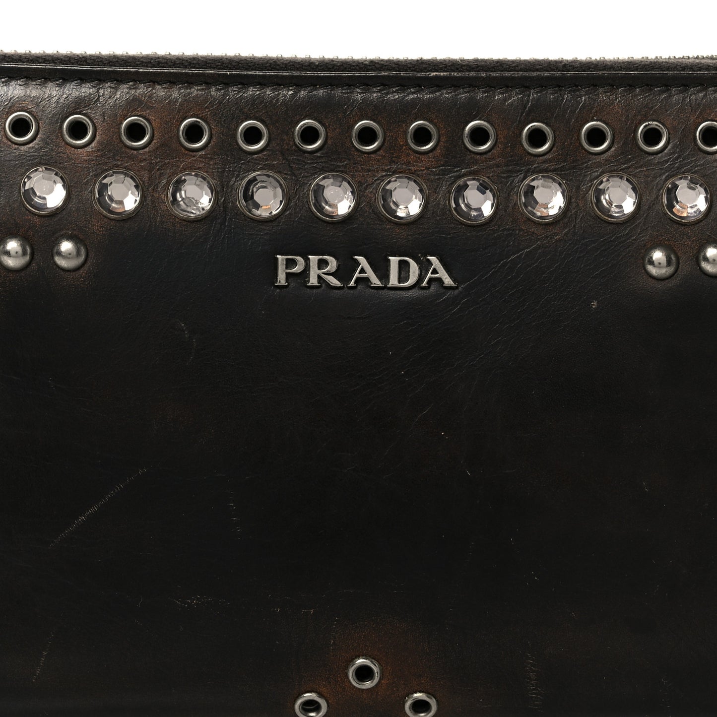 Aged Calfskin Grommet Crystal Studded Zip Around Wallet Ebano
