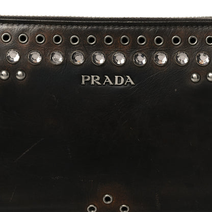 Prada Aged Calfskin Grommet Crystal Studded Zip Around Wallet Ebano 8 of 9