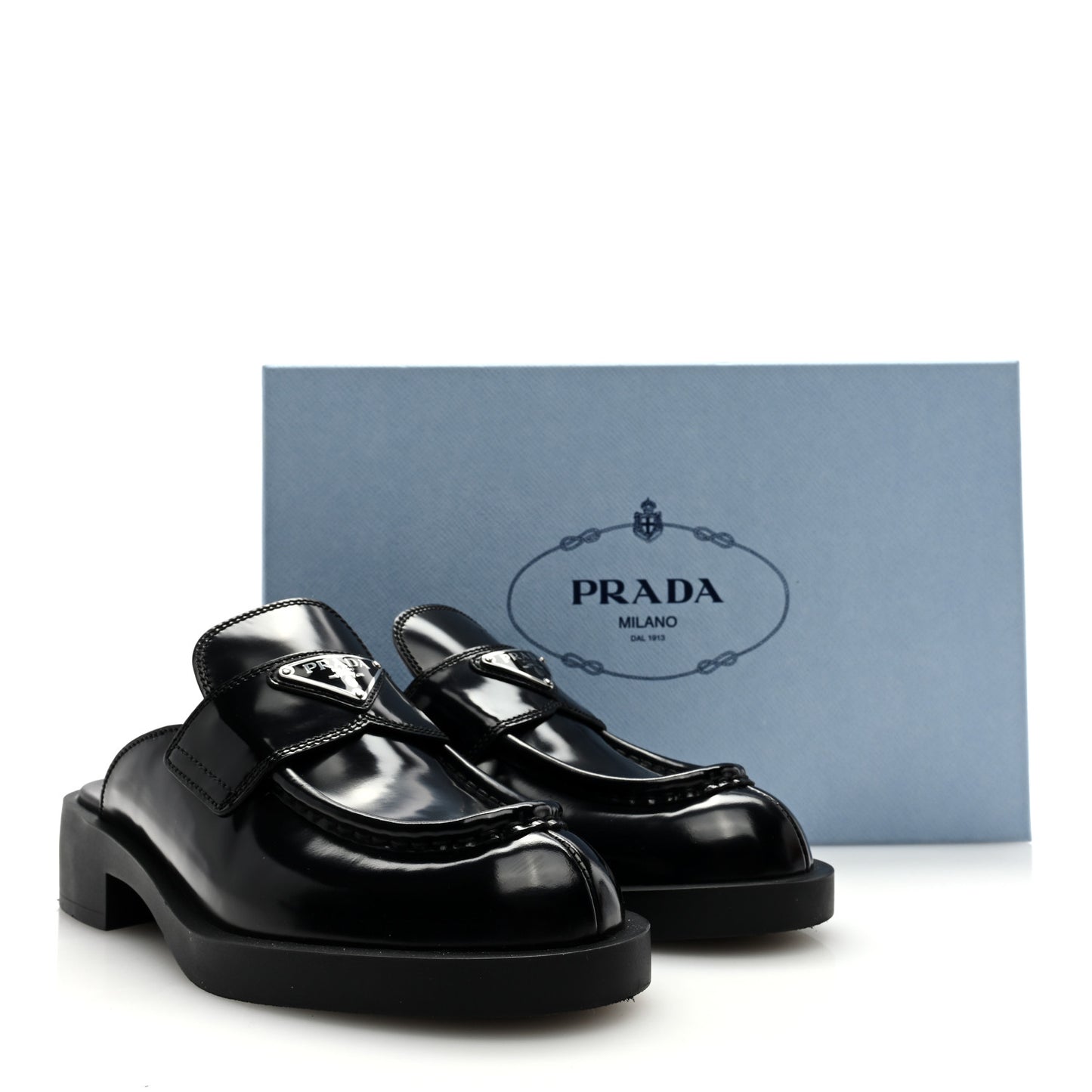 Spazzolato Metal Triangle Logo 40mm Loafer Mules 36.5 Black