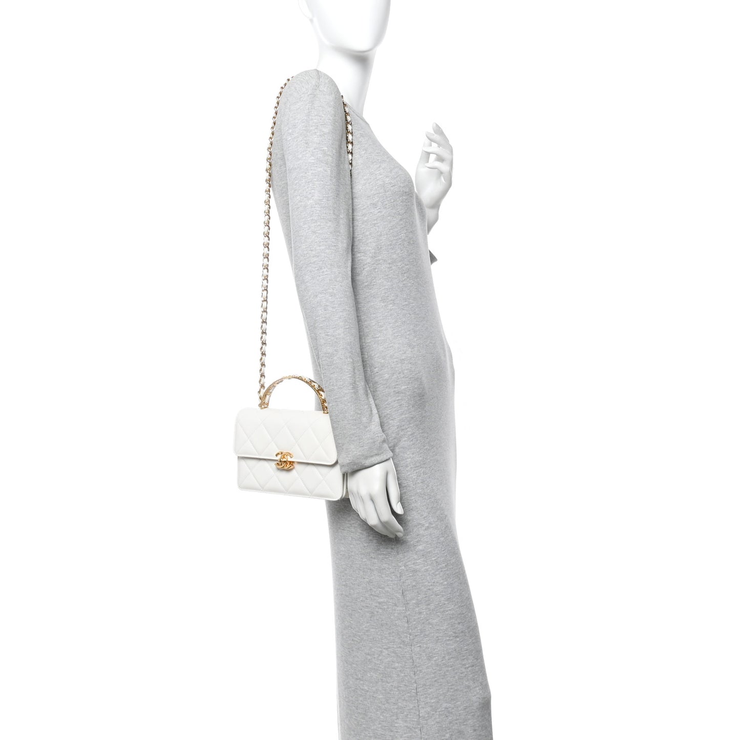 Shiny Calfskin Quilted Mini Metal Top Handle Flap White