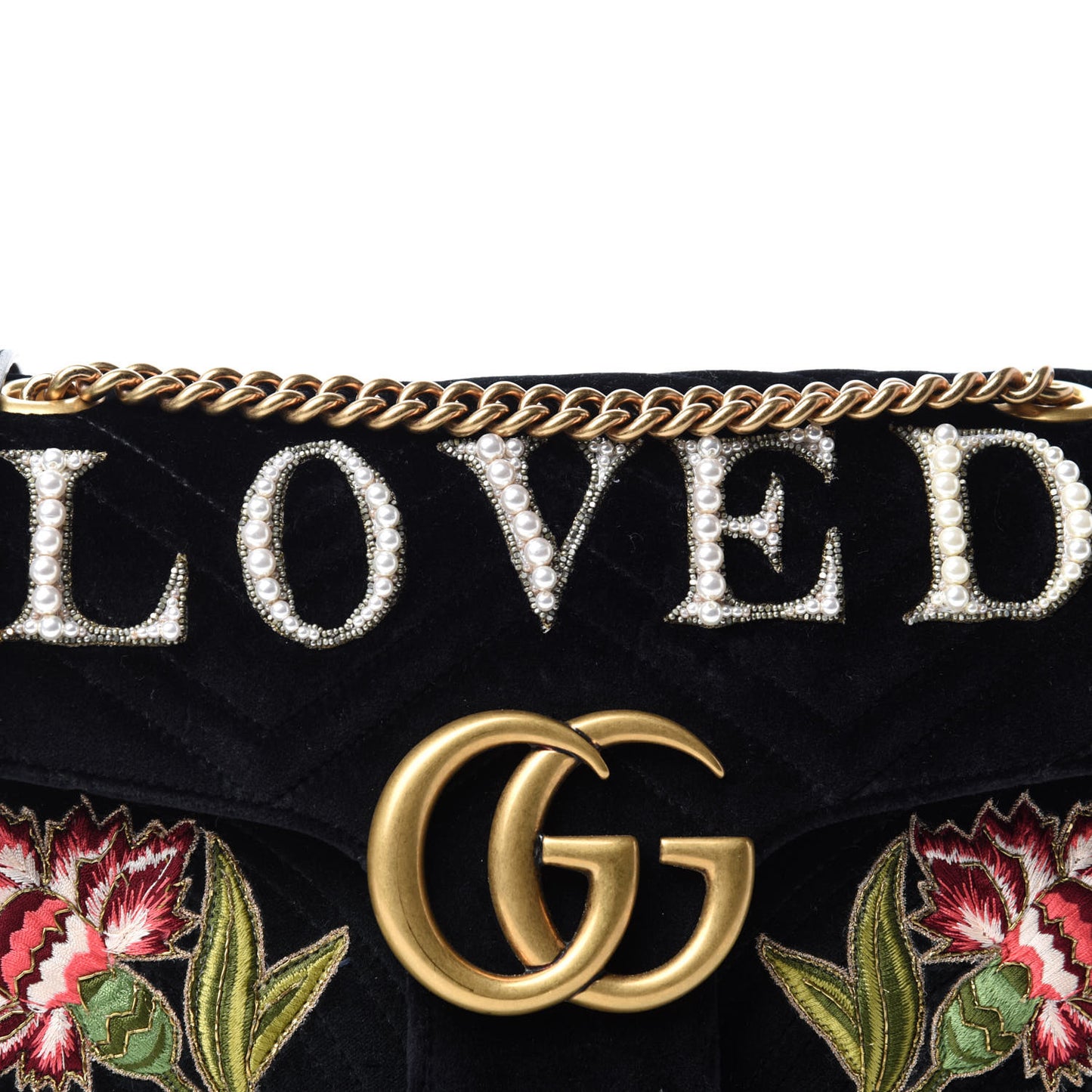 Velvet Matelasse Loved Embroidered Medium GG Marmont Shoulder Bag Black
