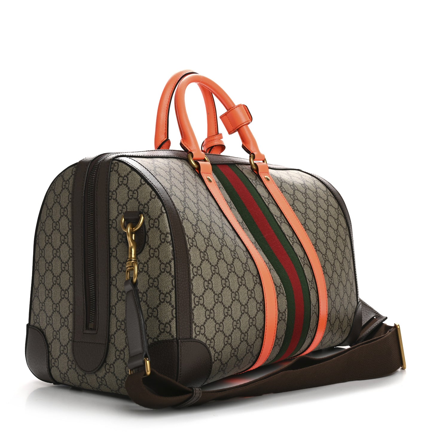 GG Supreme Monogram Textured Dollar Calfskin Web Medium Savoy Duffle Bag Beige Ebony Fluorescent Orange