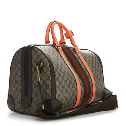 Gucci GG Supreme Monogram Textured Dollar Calfskin Web Medium Savoy Duffle Bag Beige Ebony Fluorescent Orange 2 of 16