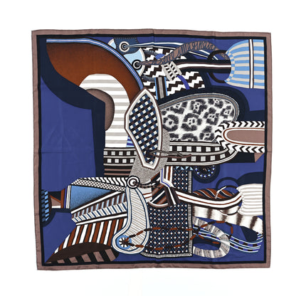 Hermes Silk La Selle Imaginaire Scarf 90 Marron Glace Bleu Vif Brun 1 of 3