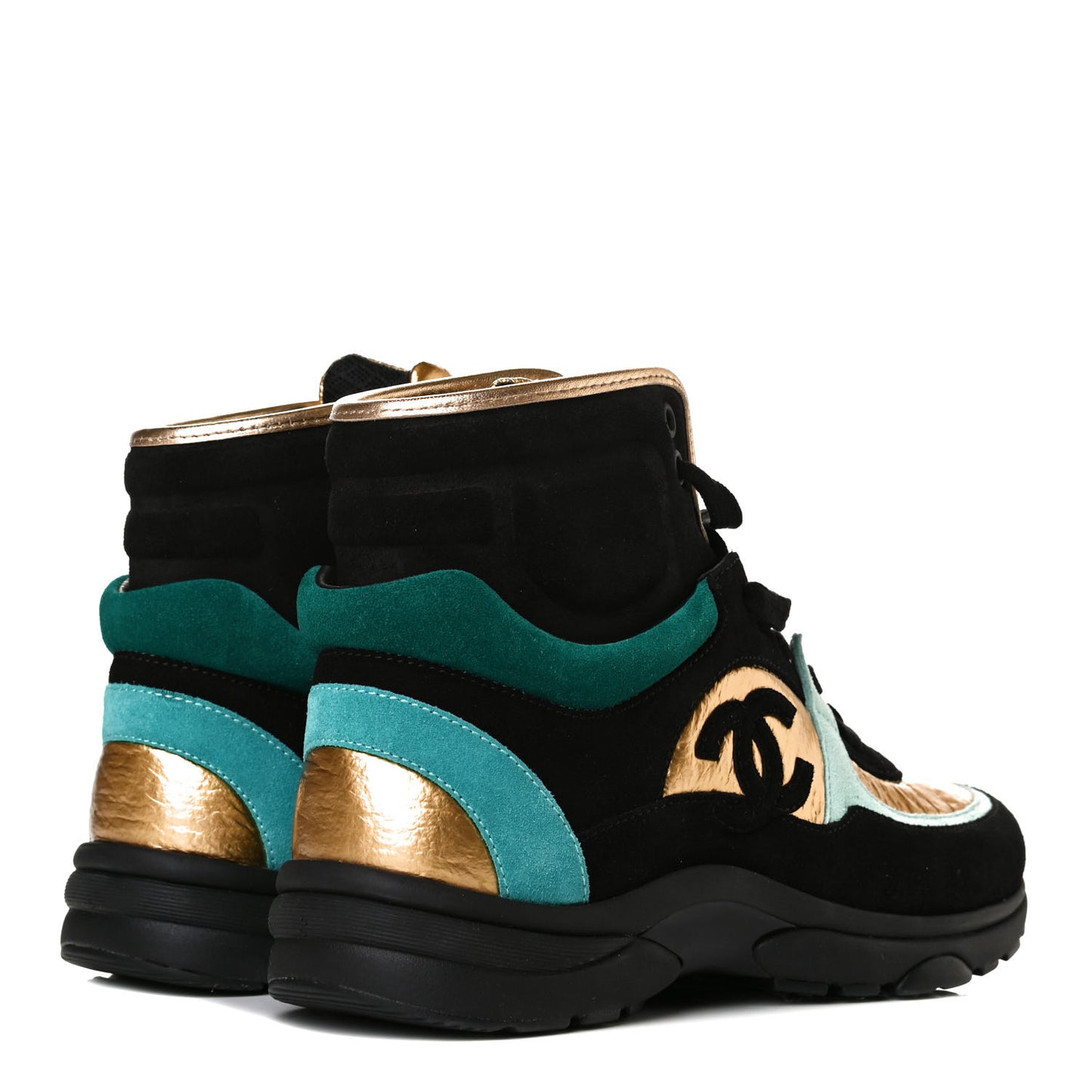 Suede Calfskin Fabric CC High Top Sneakers 36 Black Turquoise Gold