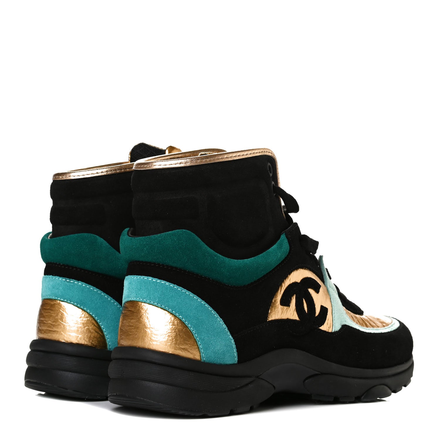 Chanel Suede Calfskin Fabric CC High Top Sneakers 36 Black Turquoise Gold 3 of 5