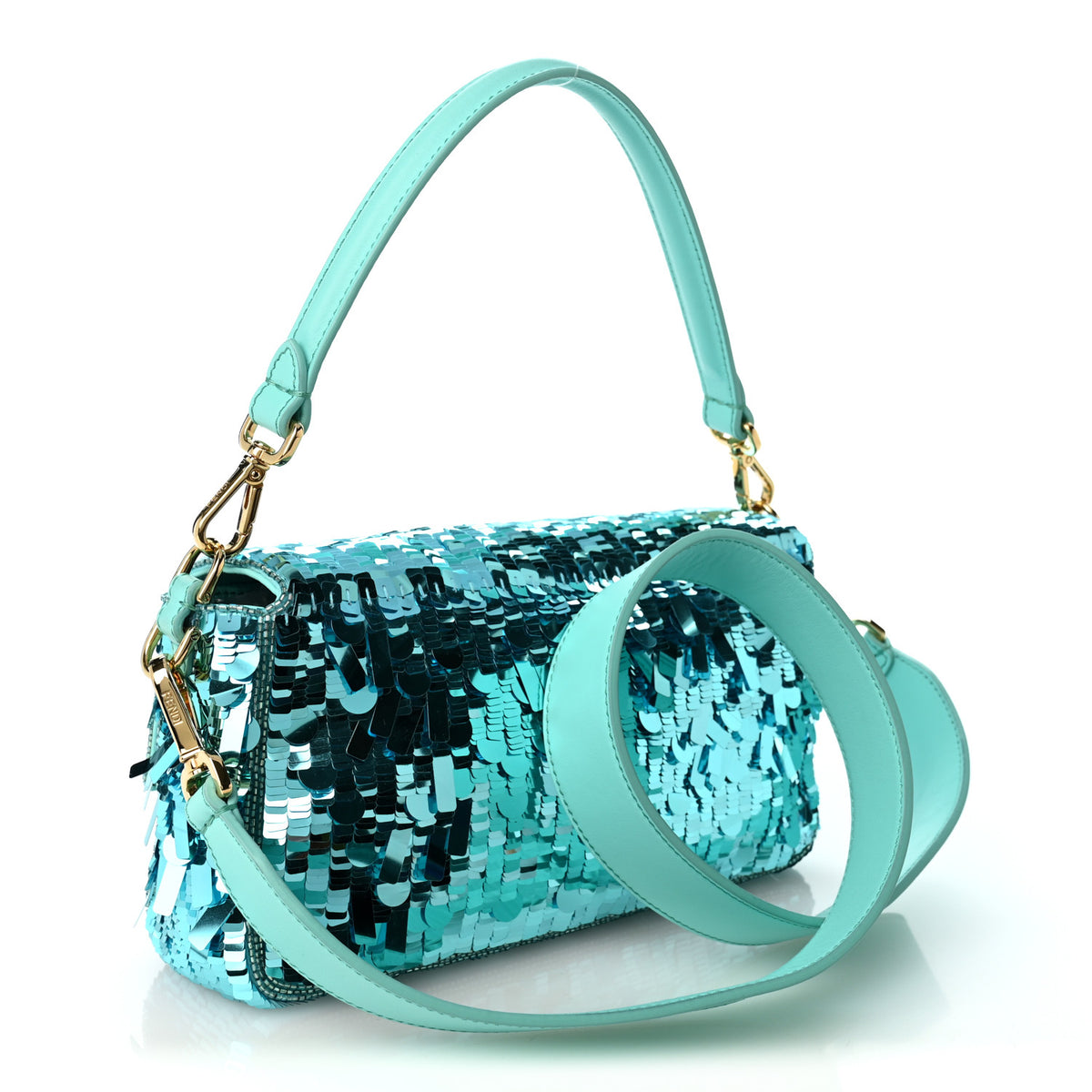 Fendi Sequin Paillettes Vitello Grace Sex and the City Baguette Spring Turquoise 5 of 19