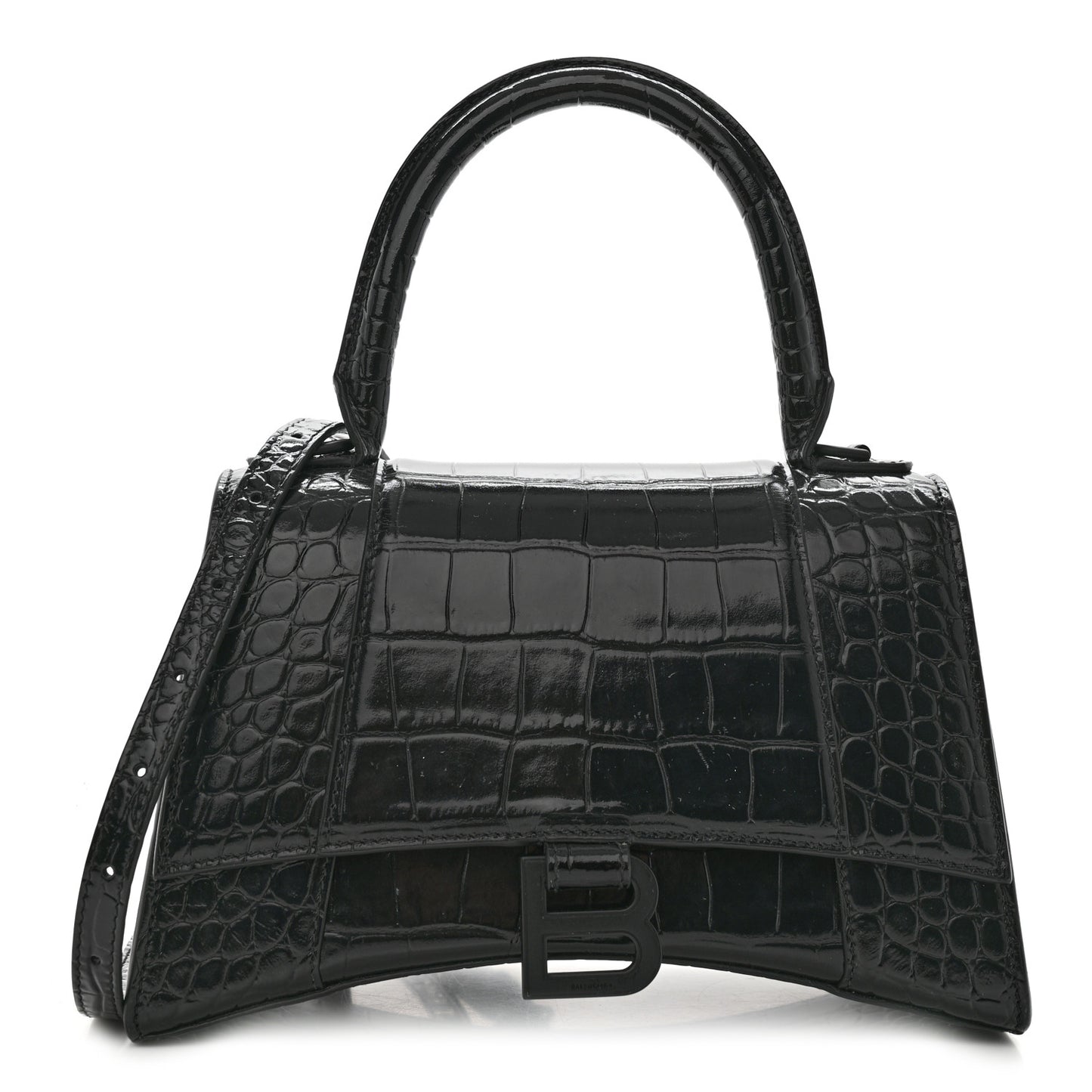 Shiny Calfskin Monochrome Crocodile Embossed Small Hourglass Top Handle Bag Black