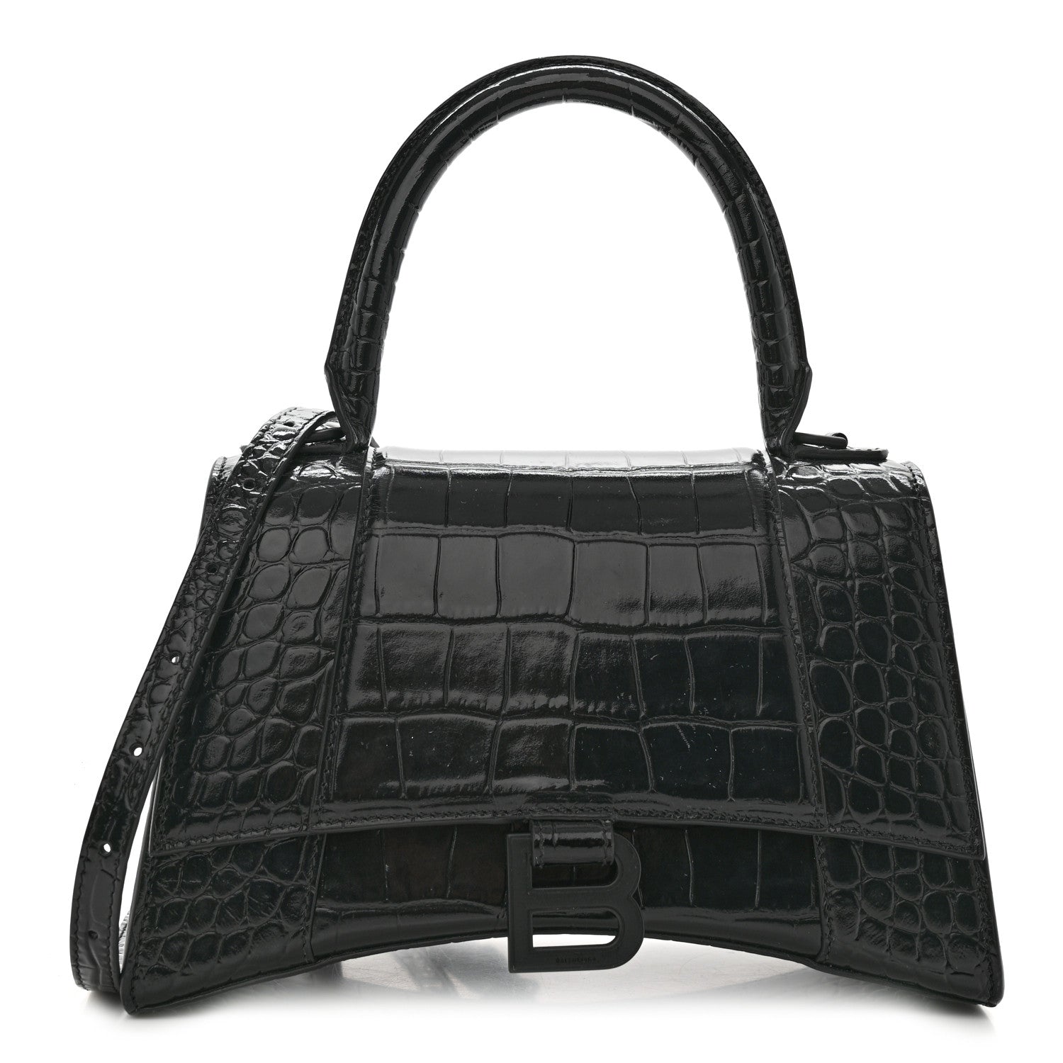 Balenciaga Shiny Calfskin Monochrome Crocodile Embossed Small Hourglass Top Handle Bag Black 1 of 11