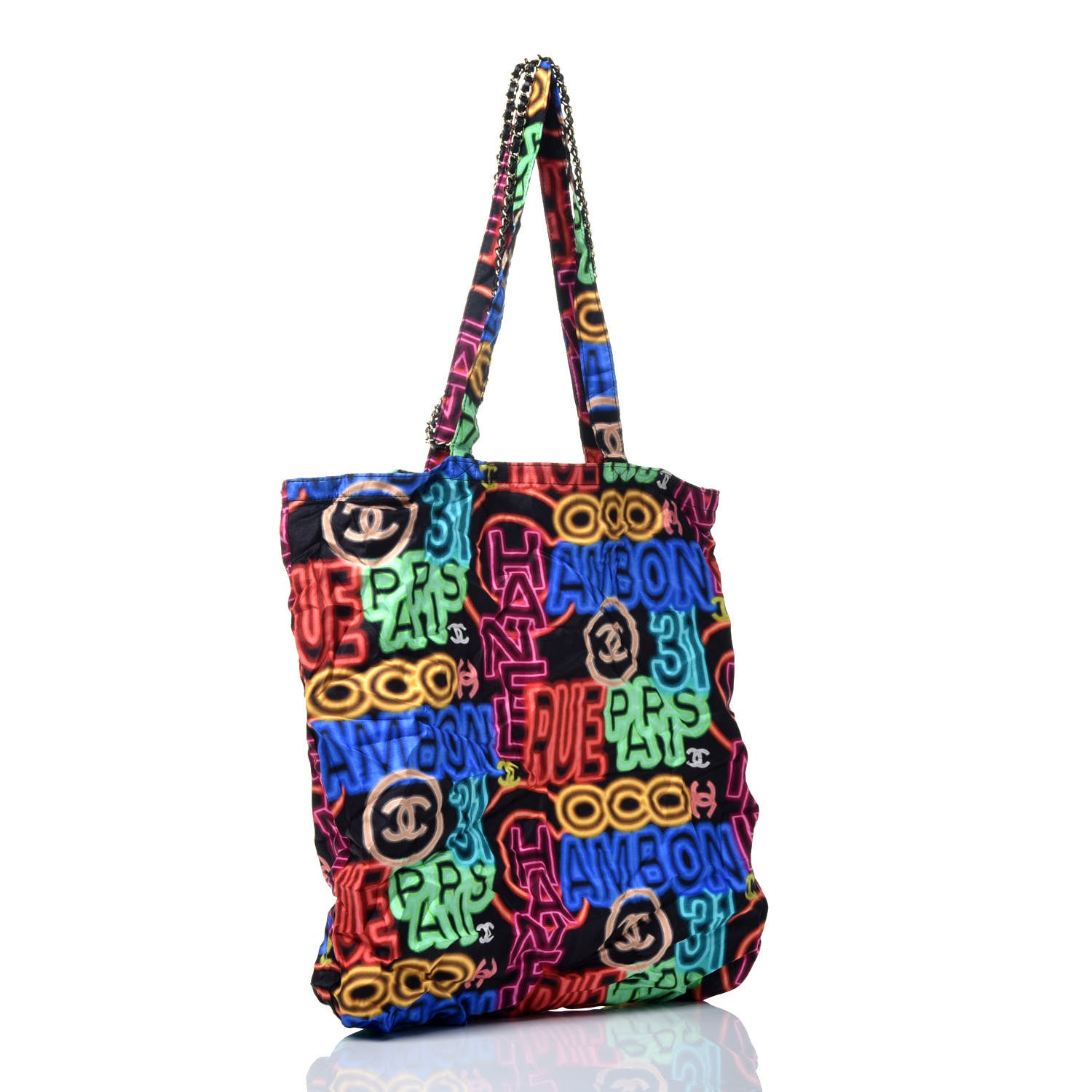 Chanel Caviar Fabric Graffiti Foldable Tote Bag With Chain Black Multicolor 6 of 17