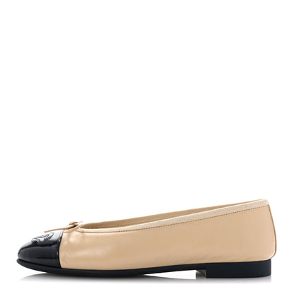 Chanel Goatskin Patent Calfskin Cap Toe CC Ballerina Flats 35.5 Light Beige Navy Blue 1 of 11