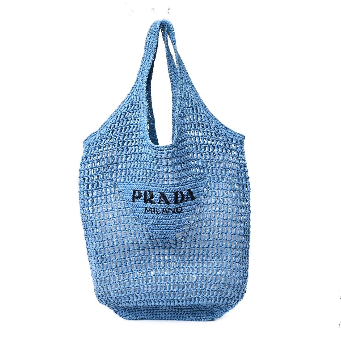 Yarn Raffia Effect Crochet Logo Embroidered Shopping Tote Bag Celeste