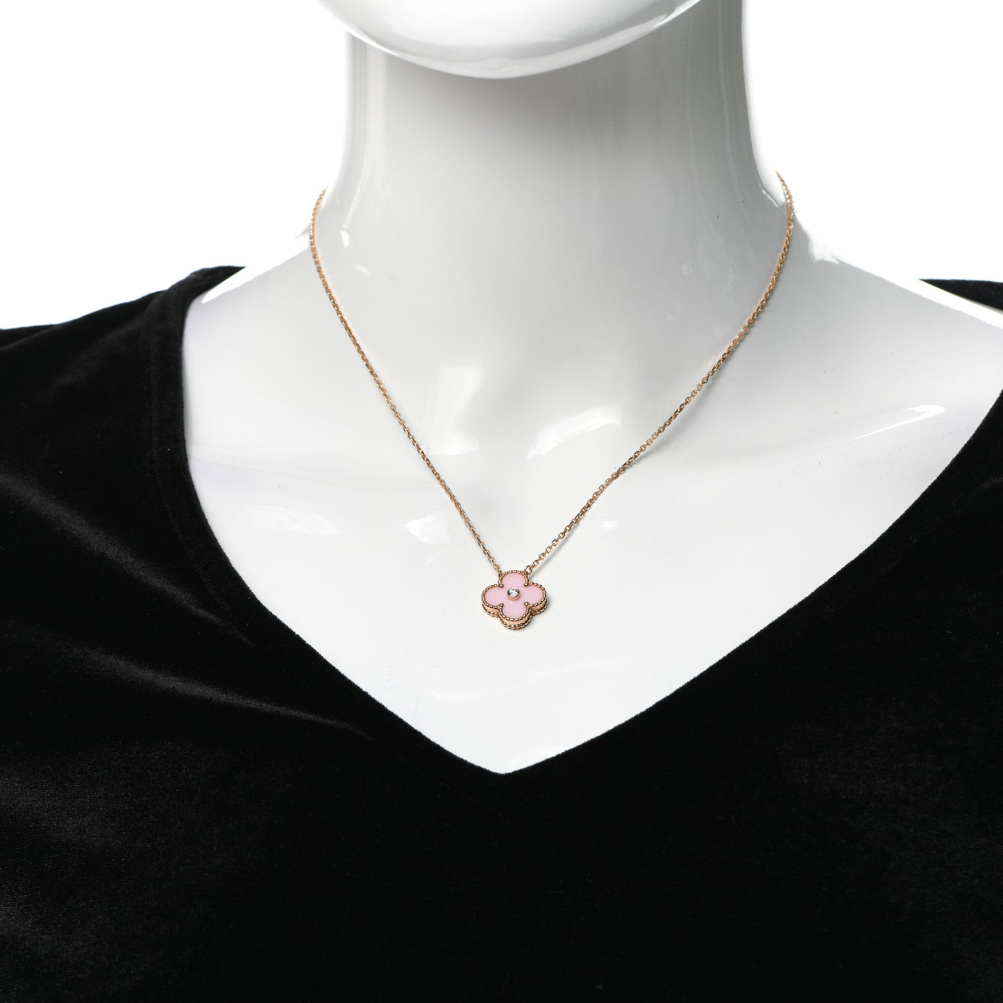 18K Rose Gold Diamond Pink Porcelain Vintage Alhambra Pendant Necklace