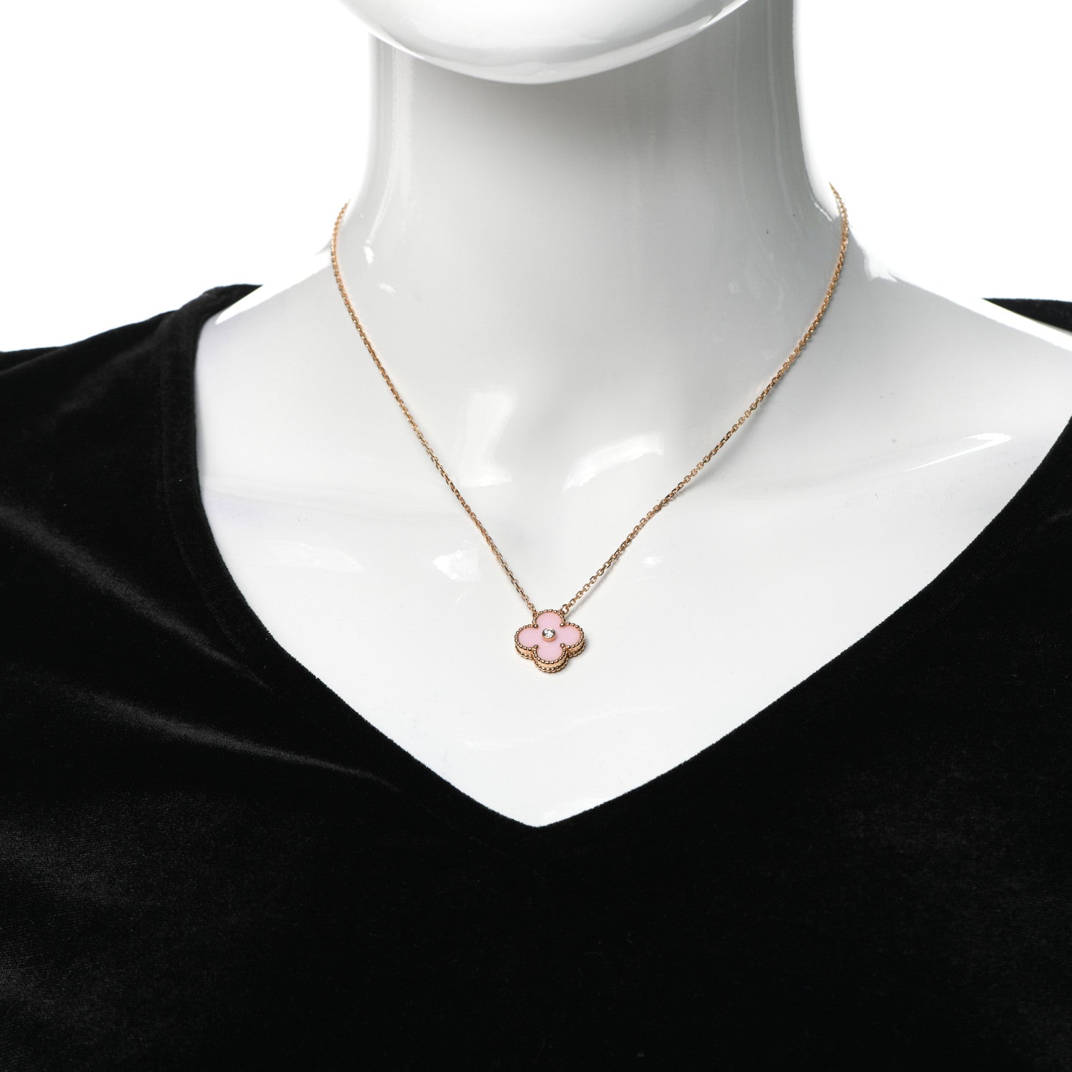 Van Cleef & Arpels 18K Rose Gold Diamond Pink Porcelain Vintage Alhambra Pendant Necklace 2 of 5