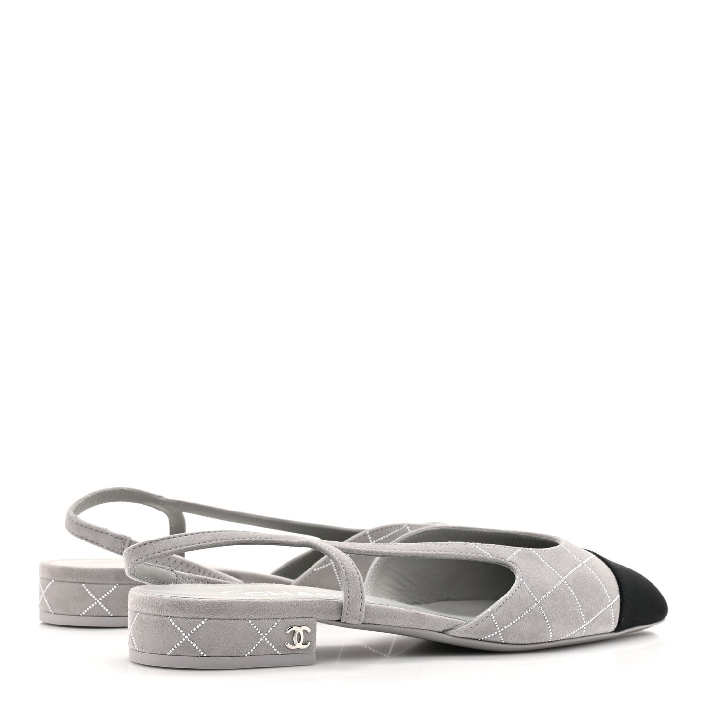 Suede Crystal Grosgrain Cap Toe CC Slingback Flats 36.5 Gray Silver Black
