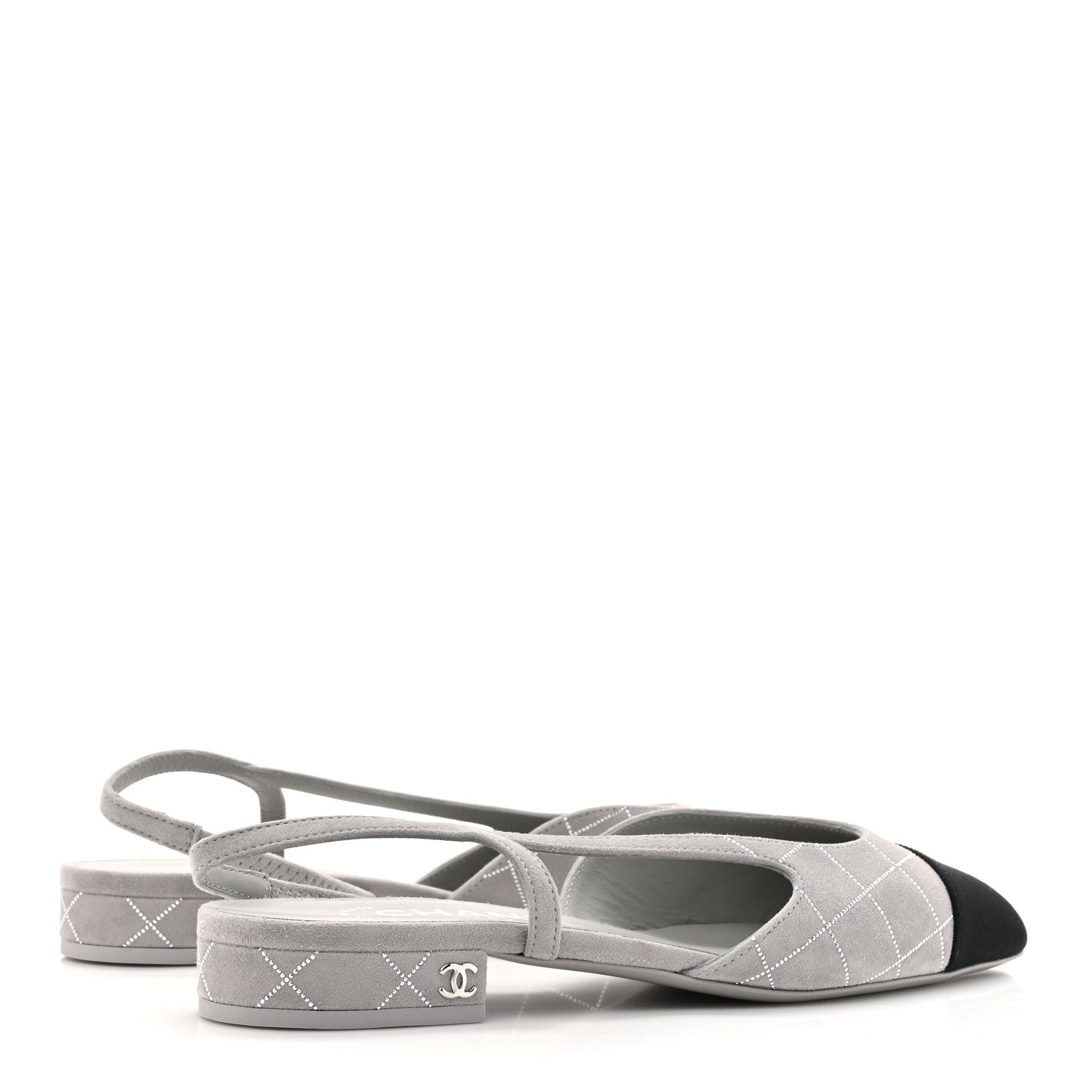 Chanel Suede Crystal Grosgrain Cap Toe CC Slingback Flats 36.5 Gray Silver Black 5 of 10