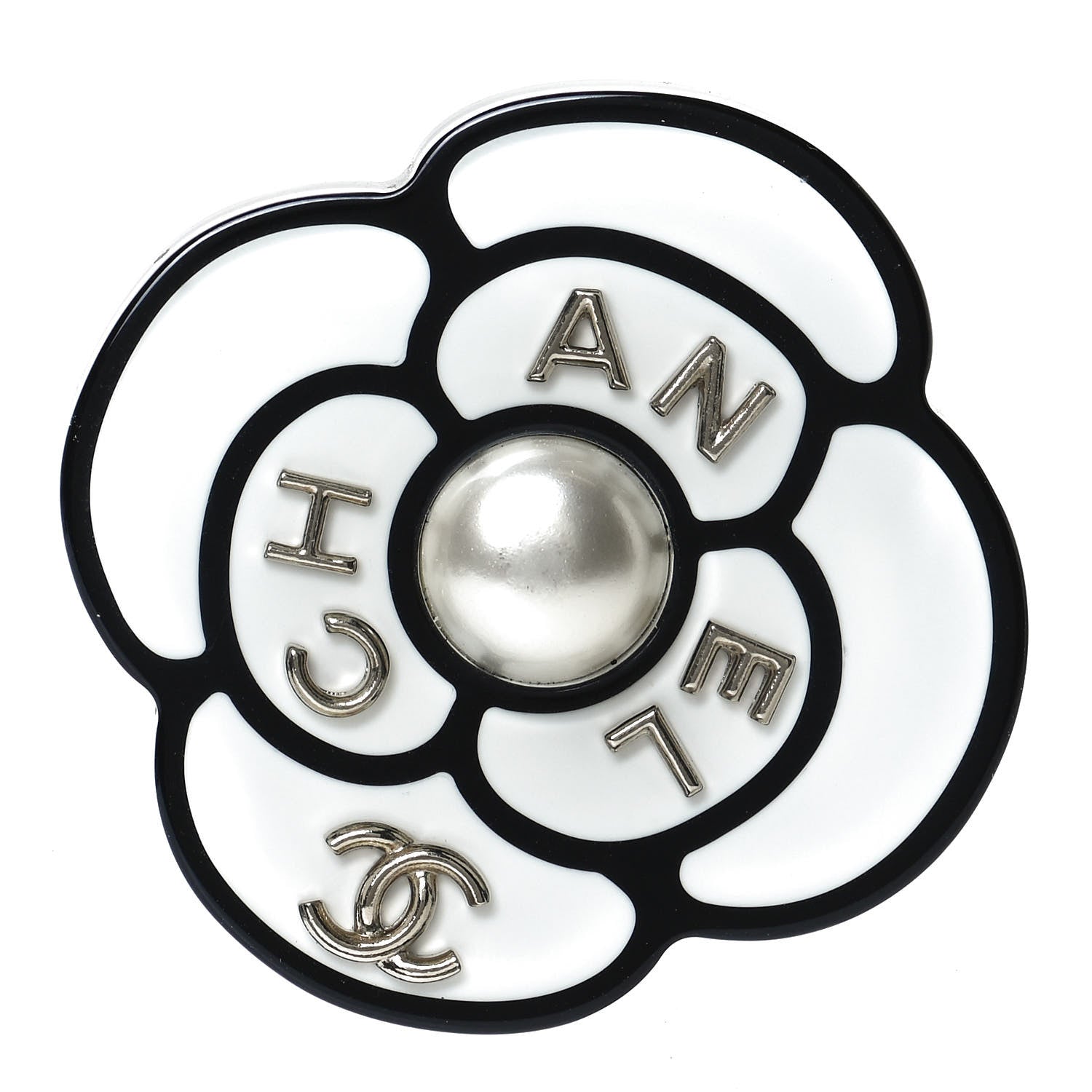 Chanel Resin Pearl Camellia Brooch White Black 1 of 4