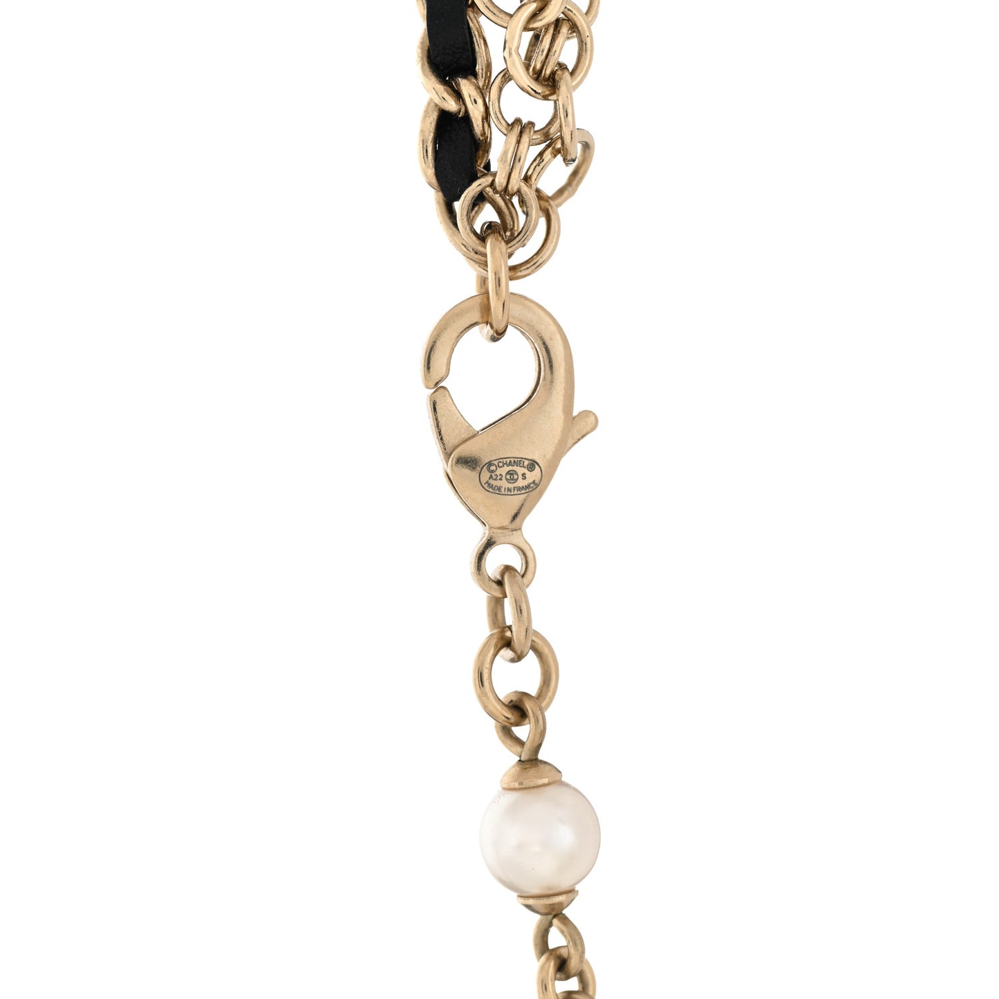 Calfskin Pearl Metal CC Bow Necklace Gold White Black