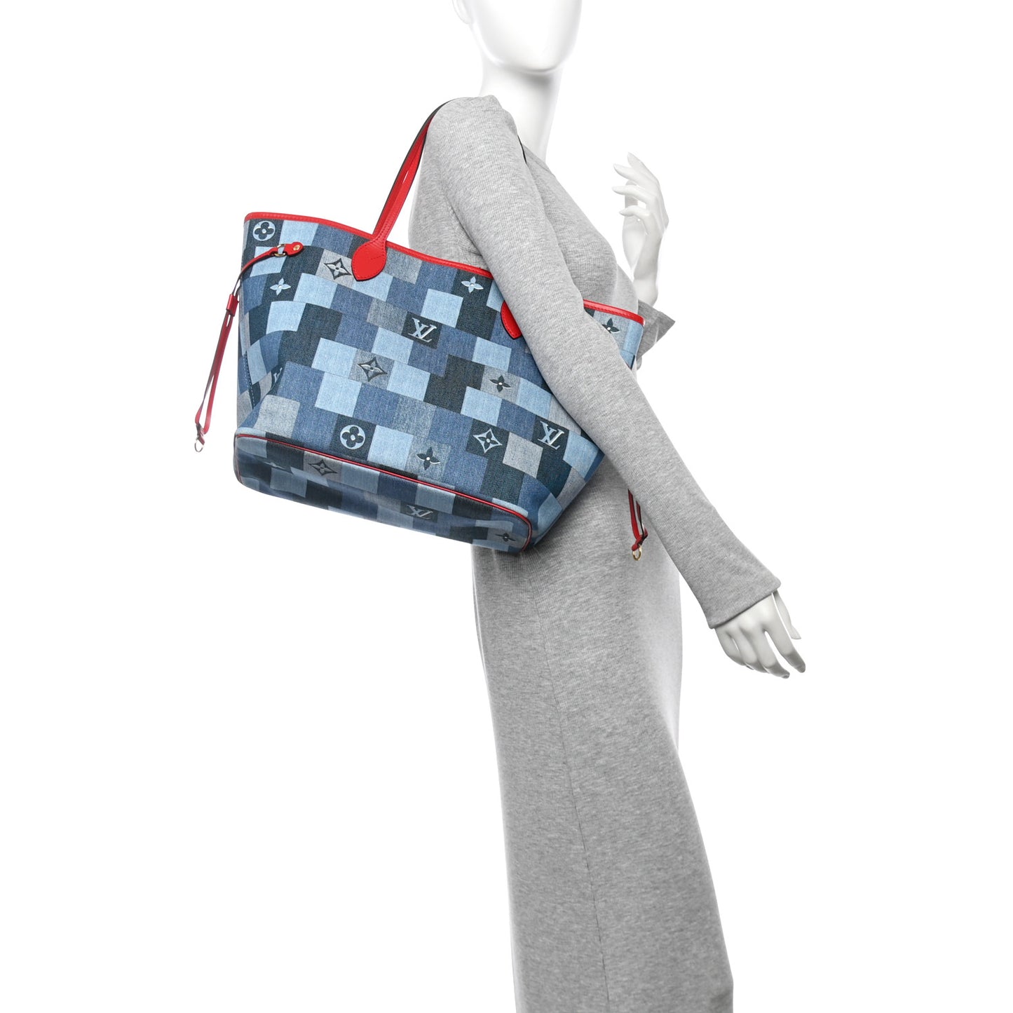 Denim Damier Monogram Patchwork Neverfull Blue Rouge