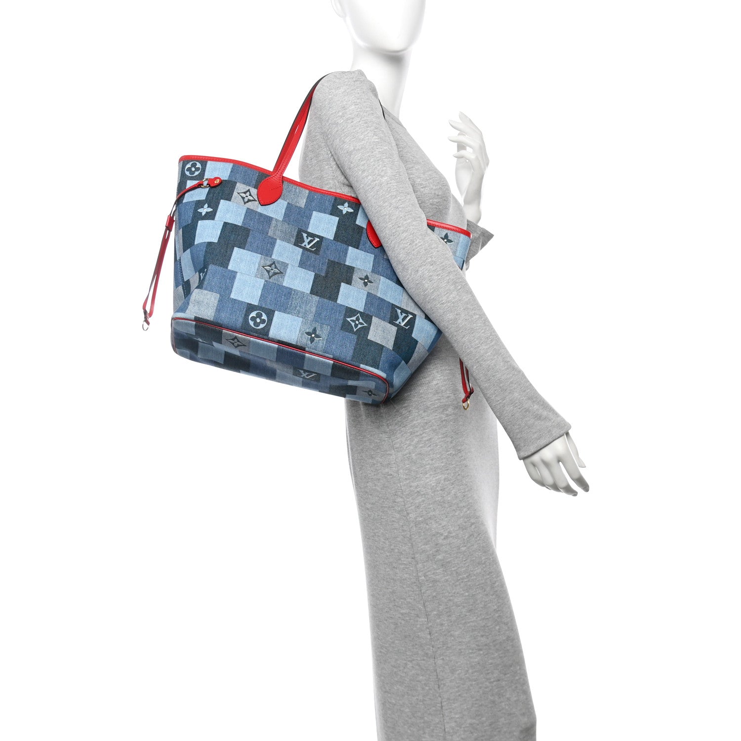 Louis Vuitton Denim Damier Monogram Patchwork Neverfull Blue Rouge 2 of 12