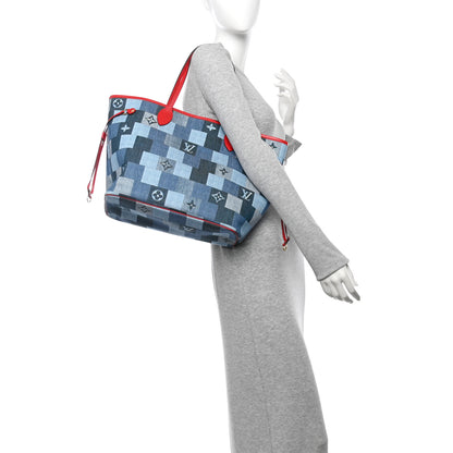 Louis Vuitton Denim Damier Monogram Patchwork Neverfull Blue Rouge 2 of 12