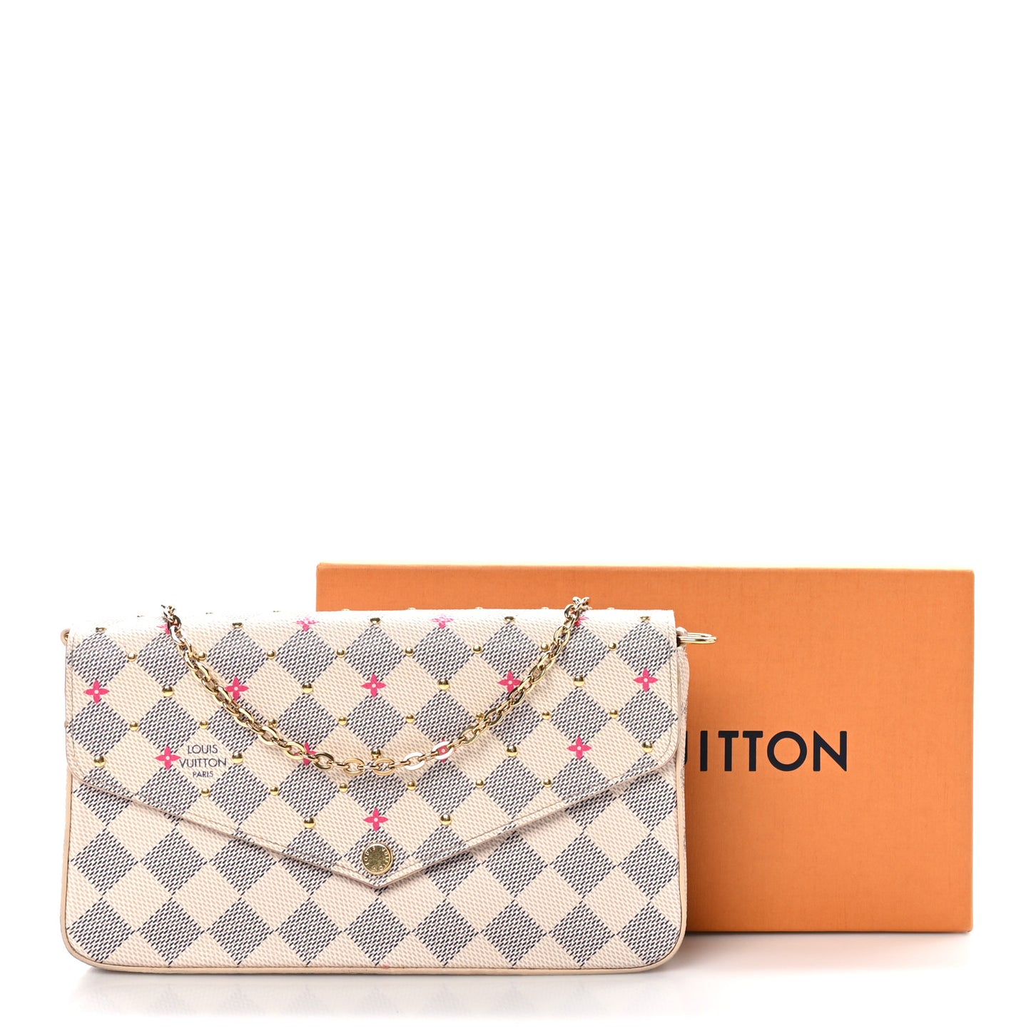 Damier Azur Studded Pochette Felicie Chain Wallet Fuchsia