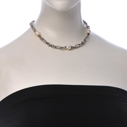 David Yurman Sterling Silver 18K Yellow Gold Baroque Pearl Figaro Chain Necklace 2 of 4