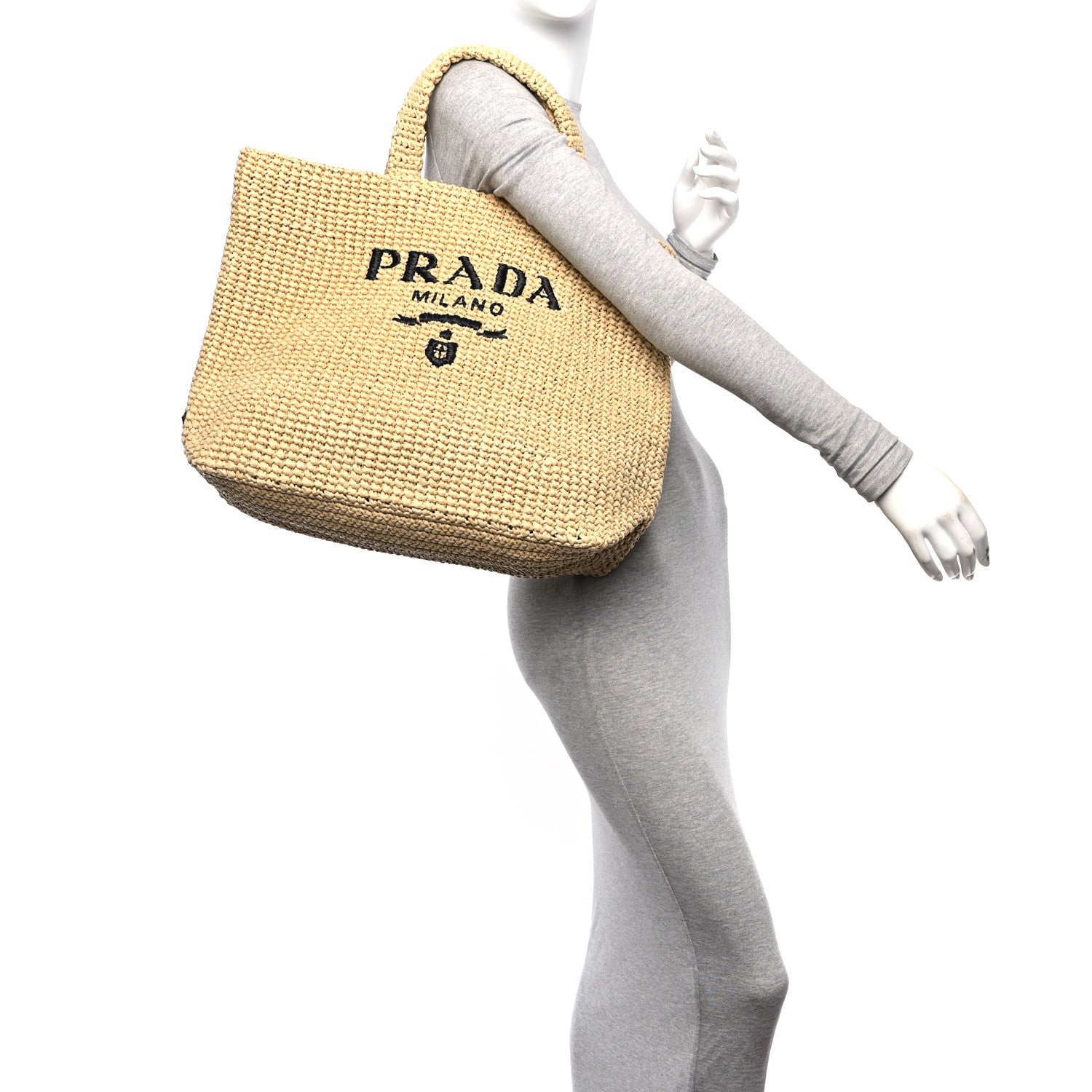 Prada Yarn Raffia Effect Crochet Embroidered Logo Tote Naturale 2 of 11