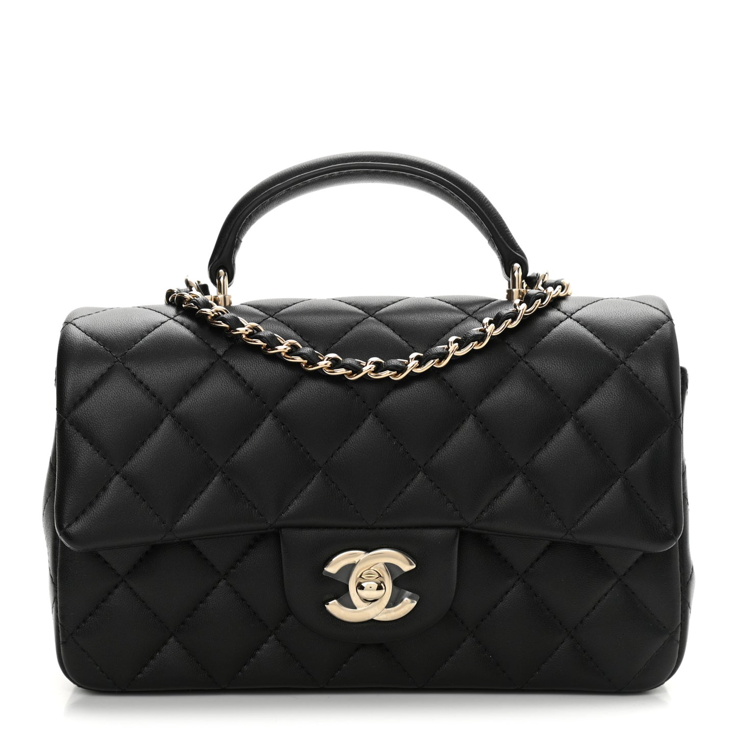 Lambskin Quilted Mini Top Handle Rectangular Flap Black