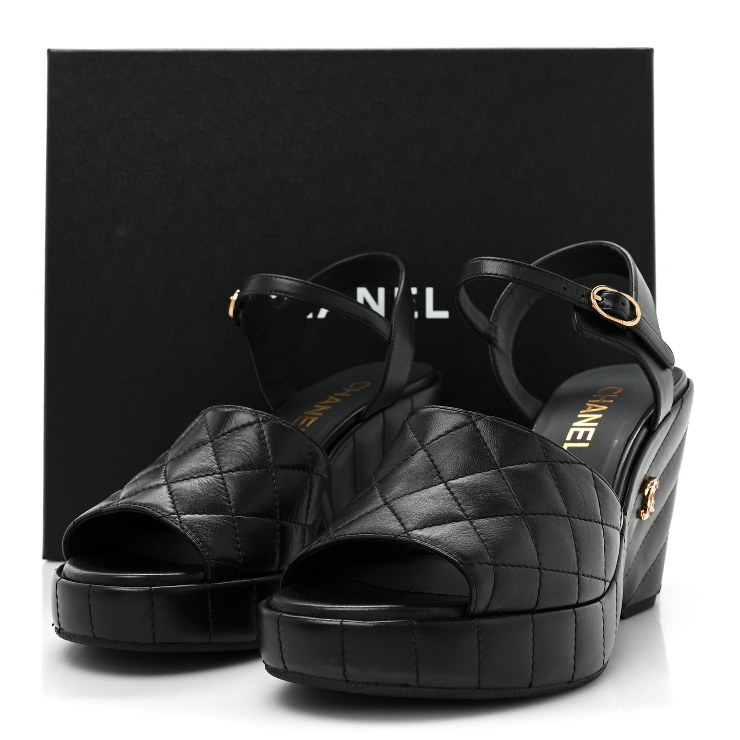 Lambskin Quilted Peep Toe Wedge Sandals 38.5 Black