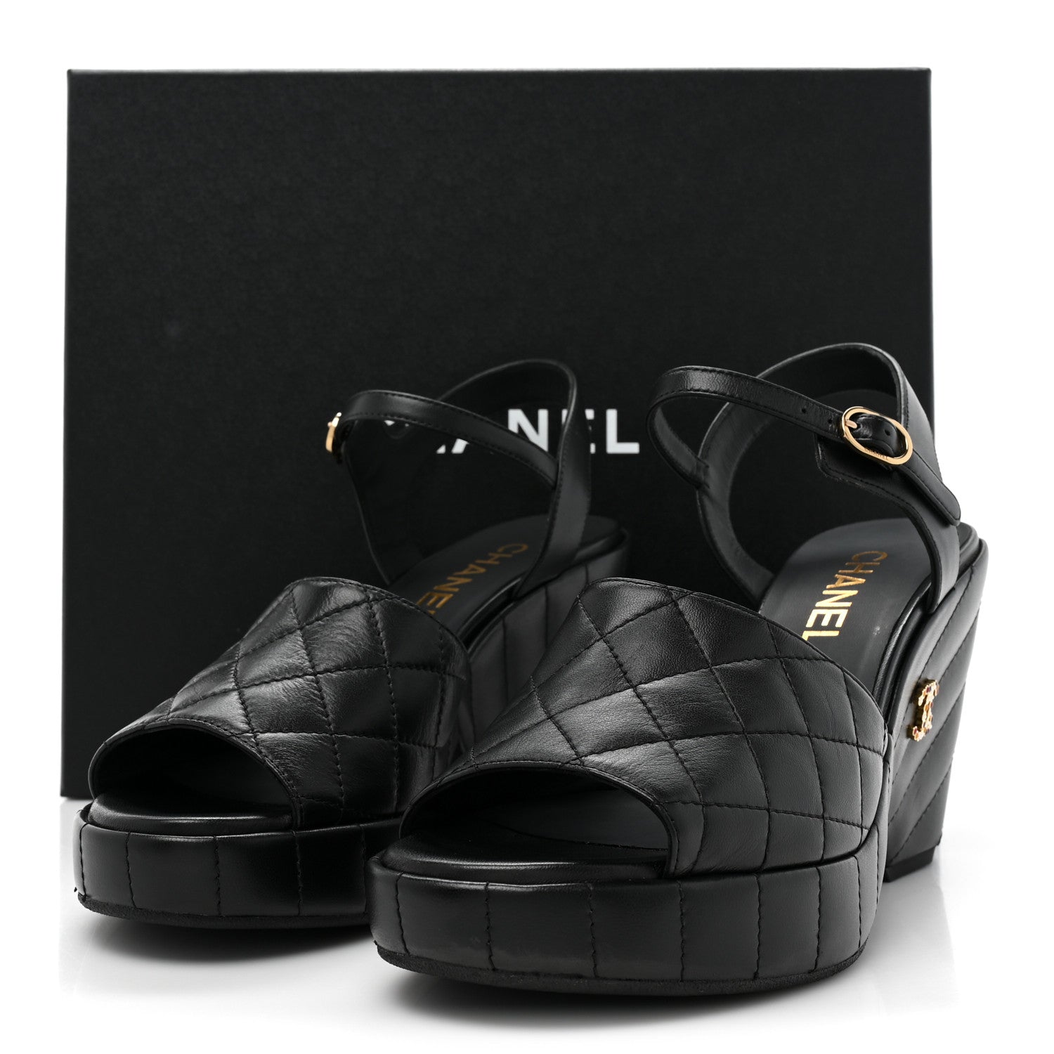 Chanel Lambskin Quilted Peep Toe Wedge Sandals 38.5 Black 9 of 9