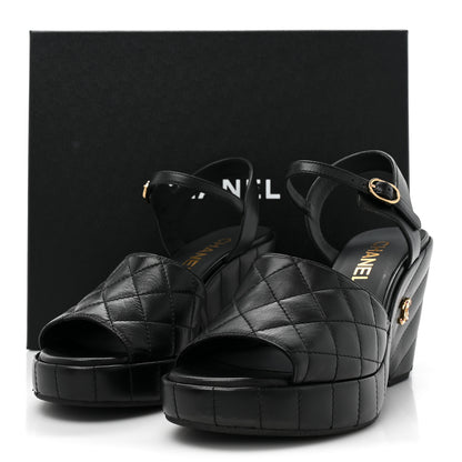 Chanel Lambskin Quilted Peep Toe Wedge Sandals 38.5 Black 9 of 9
