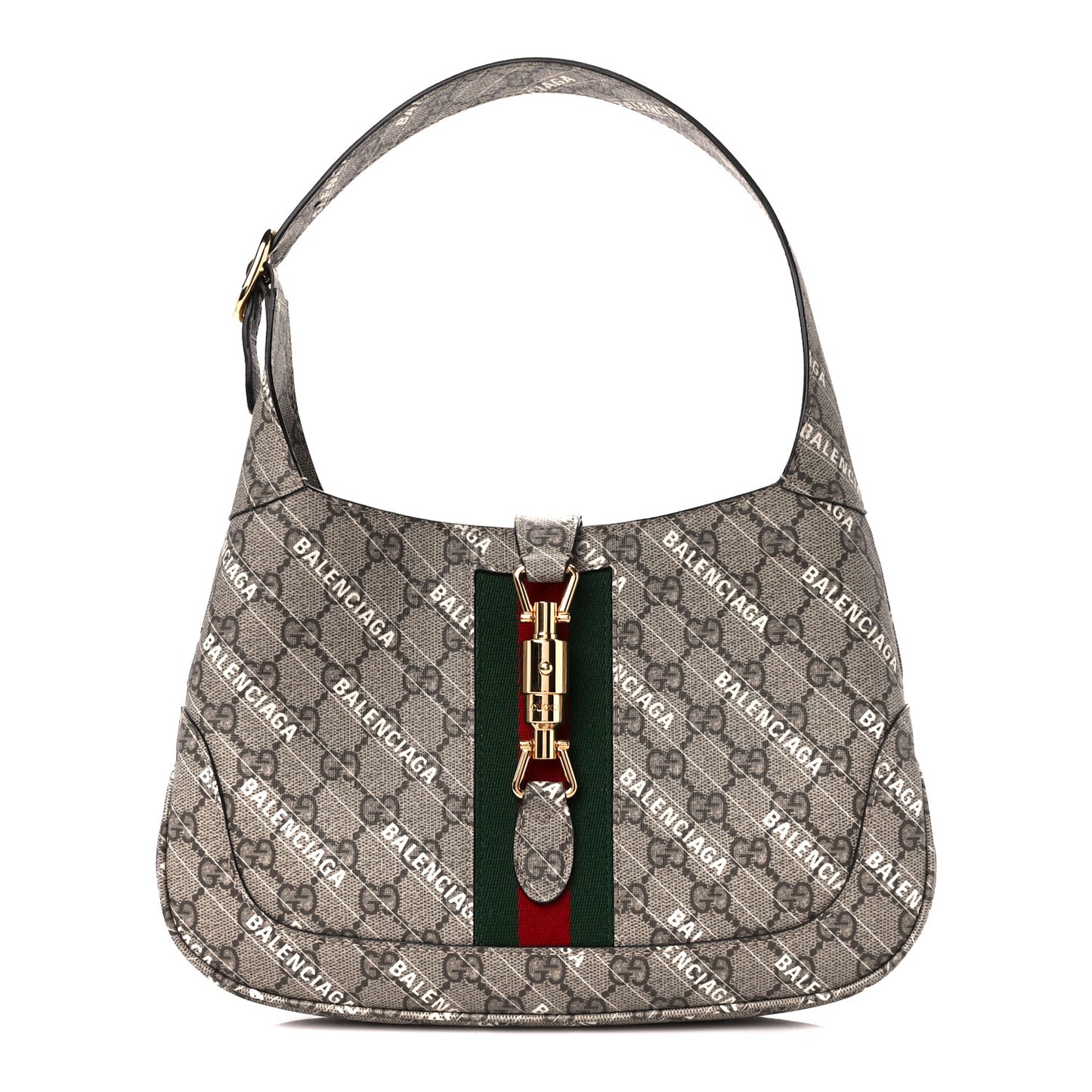 X BALENCIAGA GG Supreme Monogram Striped Logo Print Web Small Jackie 1961 Hobo Beige Ebony Mystic White