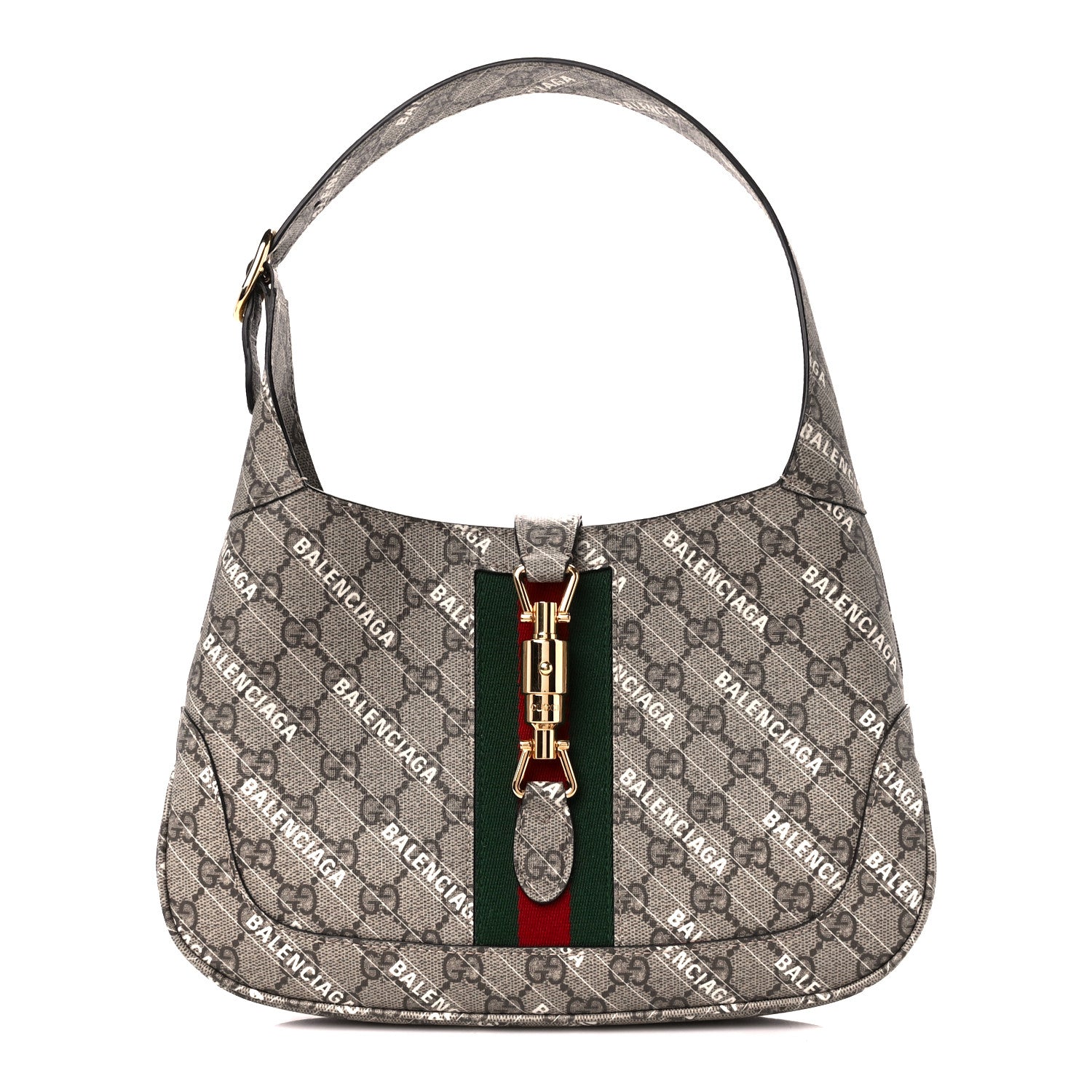 Gucci X BALENCIAGA GG Supreme Monogram Striped Logo Print Web Small Jackie 1961 Hobo Beige Ebony Mystic White 1 of 11