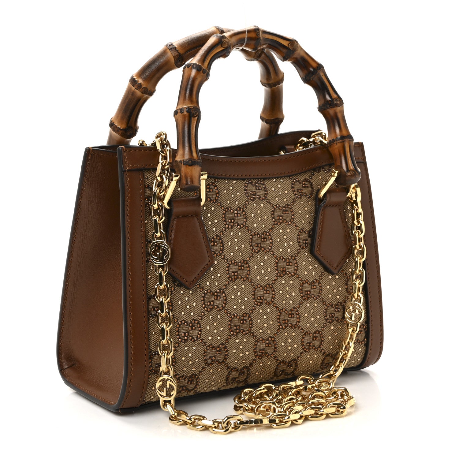Gucci New Canvas Charisma Calfskin Crystal GG Monogram Mini Diana Tote Bag Camel Ebony 3 of 9