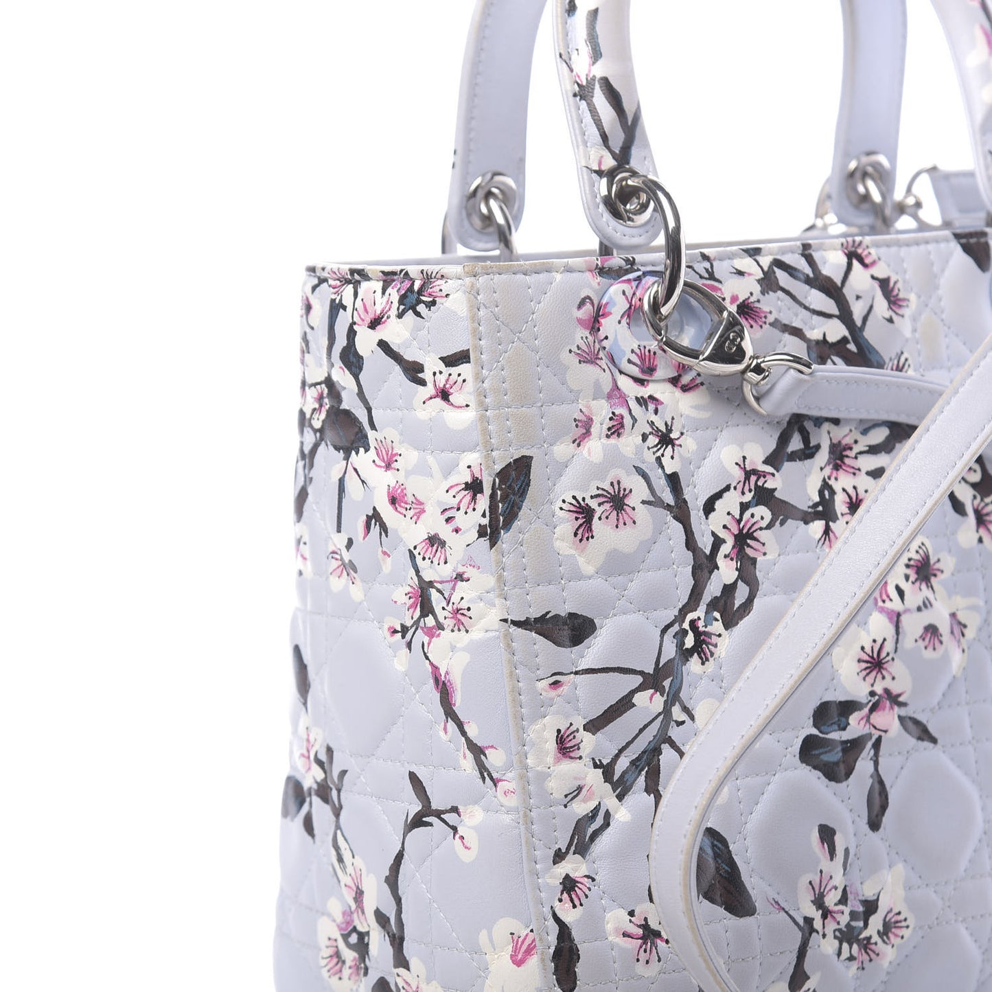 Lambskin Cannage Floral Printed Medium Lady Dior Light Blue