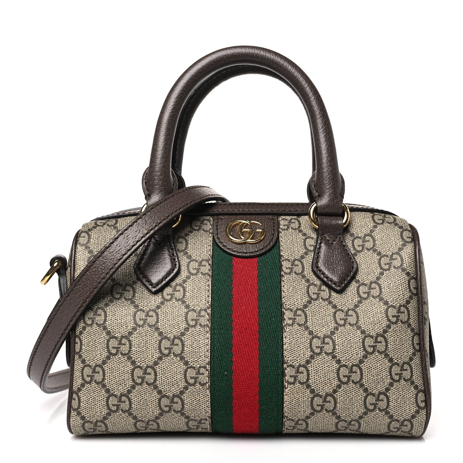 Gucci GG Supreme Monogram Textured Dollar Calfskin Web Mini Ophidia Top Handle Bag Beige Ebony New Acero 1 of 9
