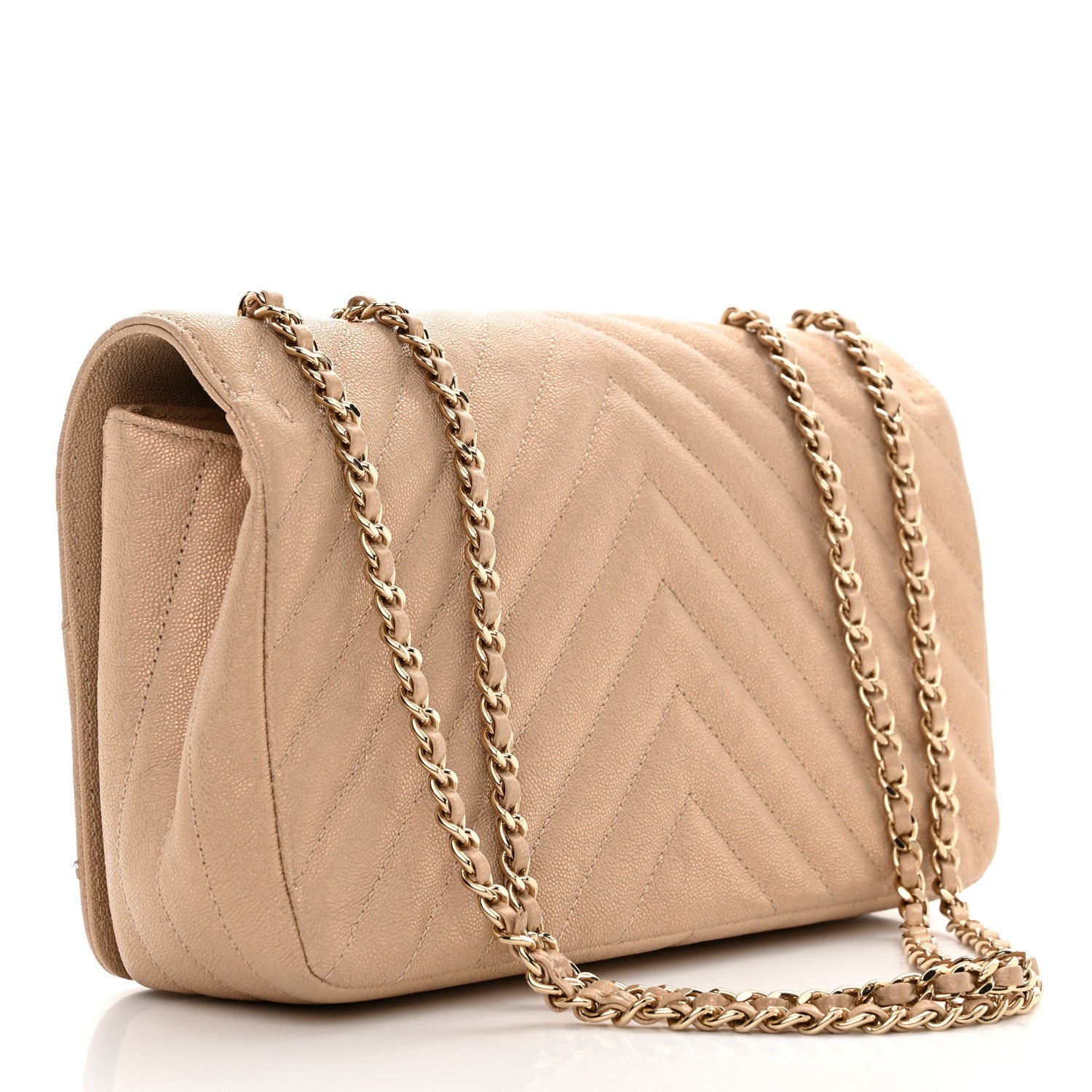Chanel Metallic Caviar Chevron Quilted Medium Statement Flap Beige 3 of 11
