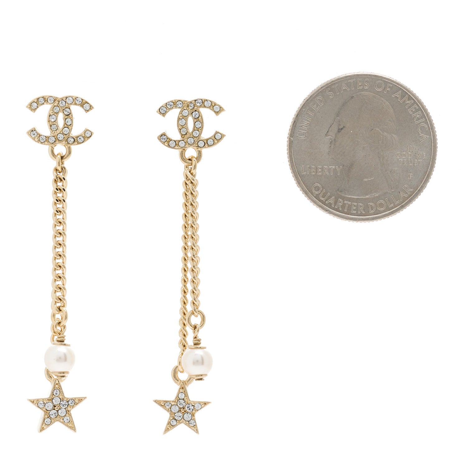 Chanel Crystal Pearl CC Star Drop Earrings Gold 2 of 5
