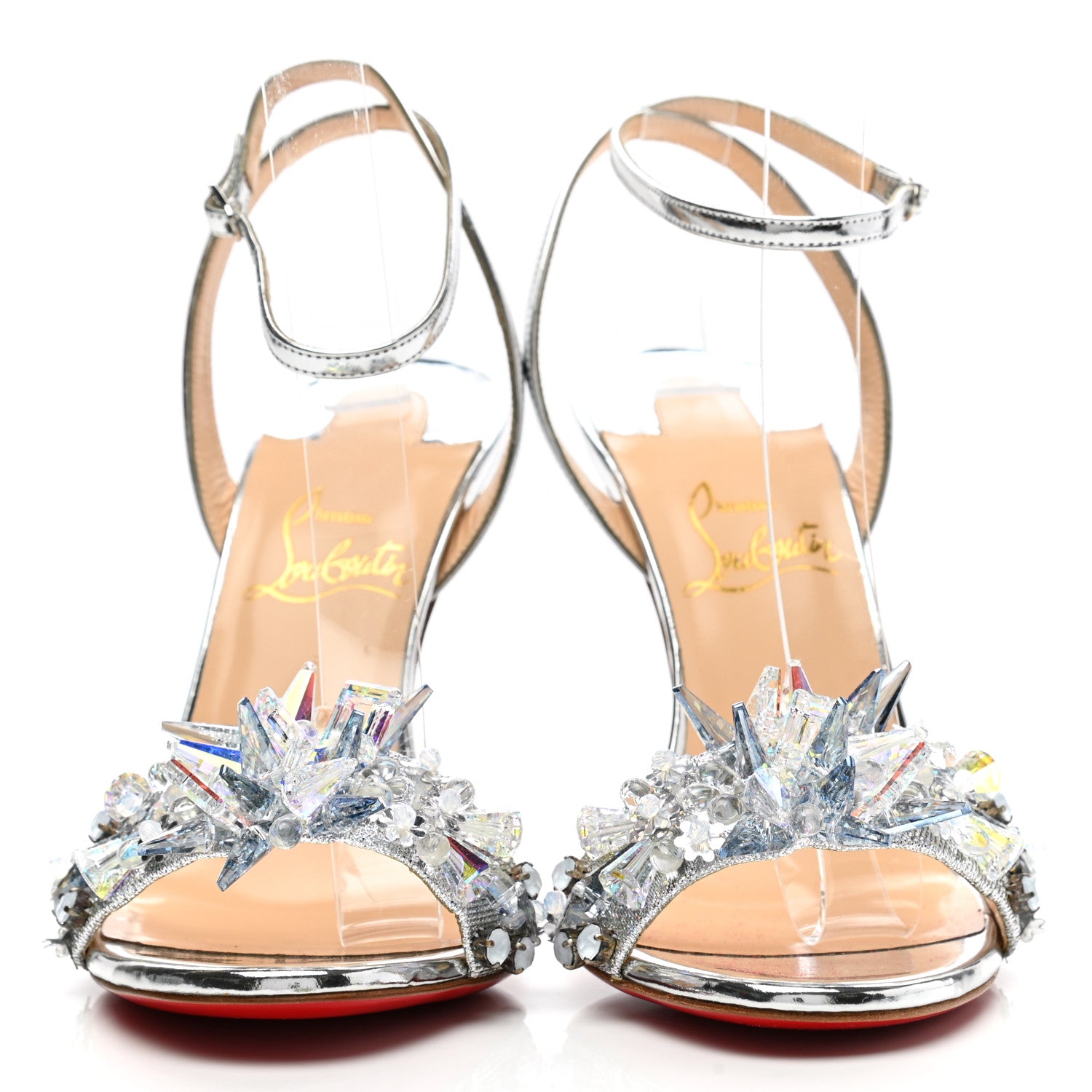 Christian Louboutin Satin Specchino Okydok 100 Ankle Strap Sandals 35 Silver 2 of 10