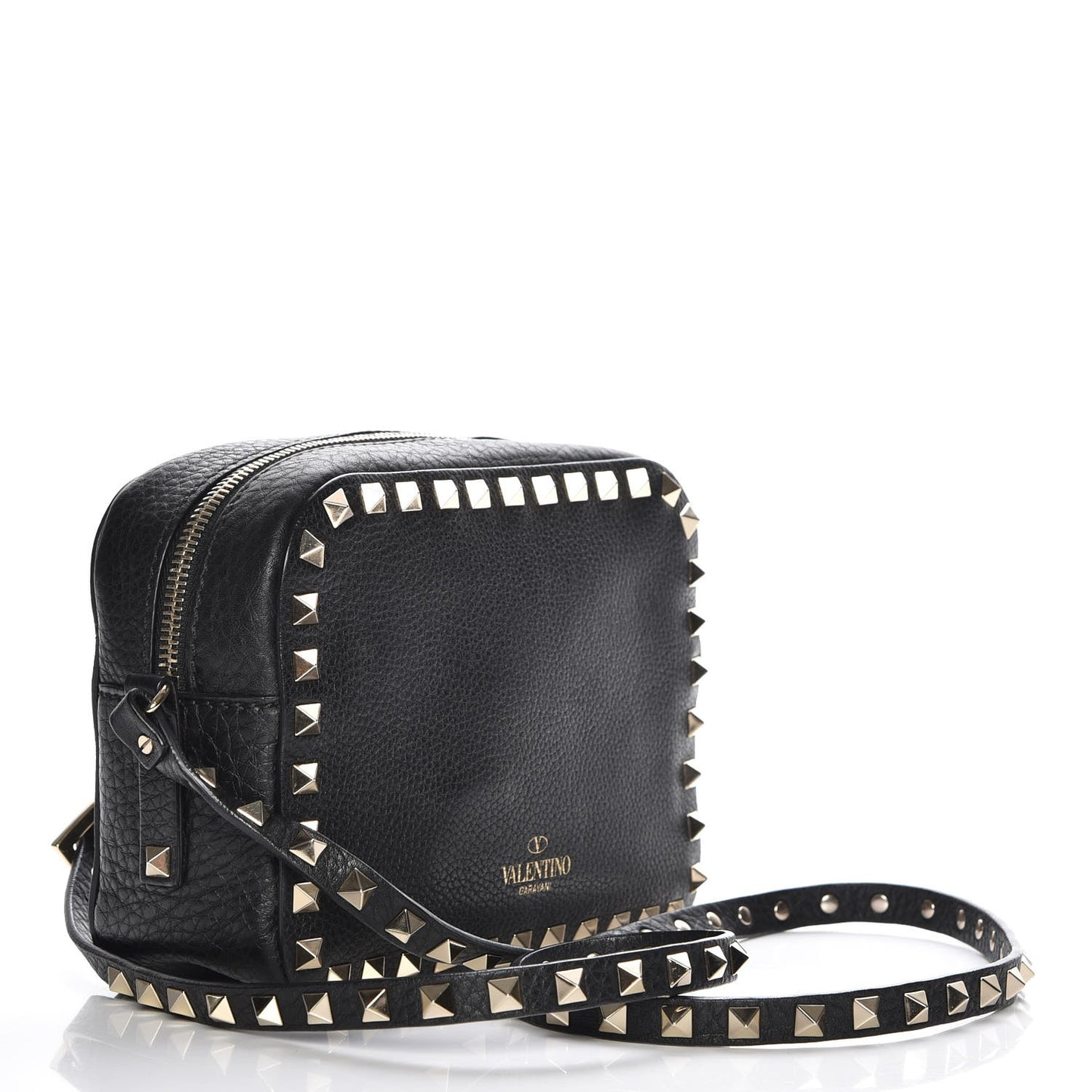 Grained Calfskin Rockstud Camera Crossbody Bag Black