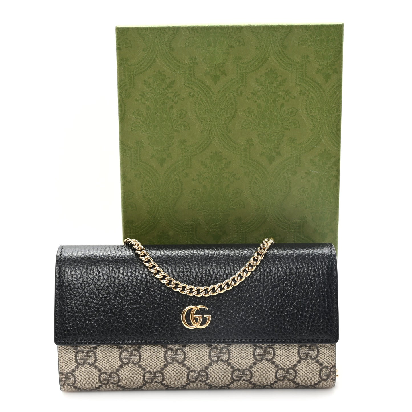 Dollar Calfskin GG Supreme Monogram Petite GG Marmont Wallet Chain Bag Black Beige Ebony