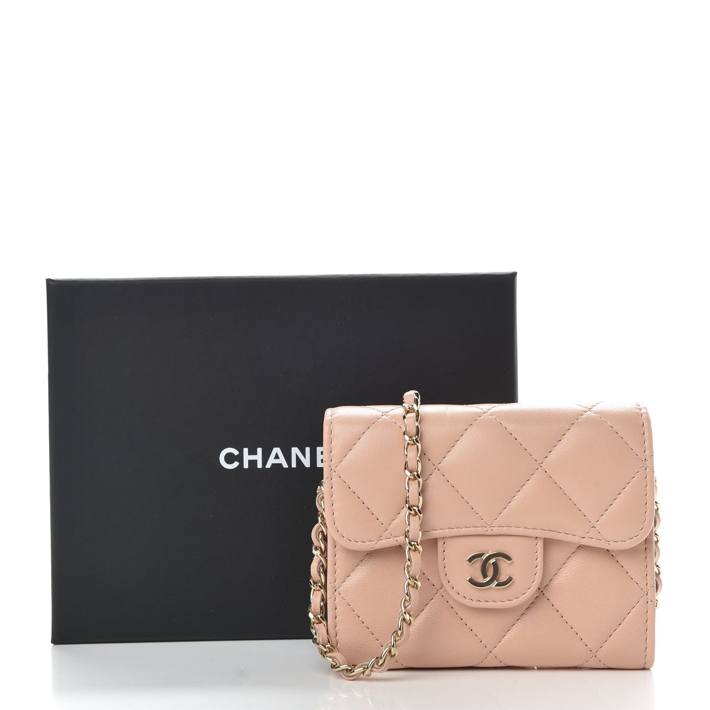 Lambskin Quilted Flap Card Holder On Chain Light Pink