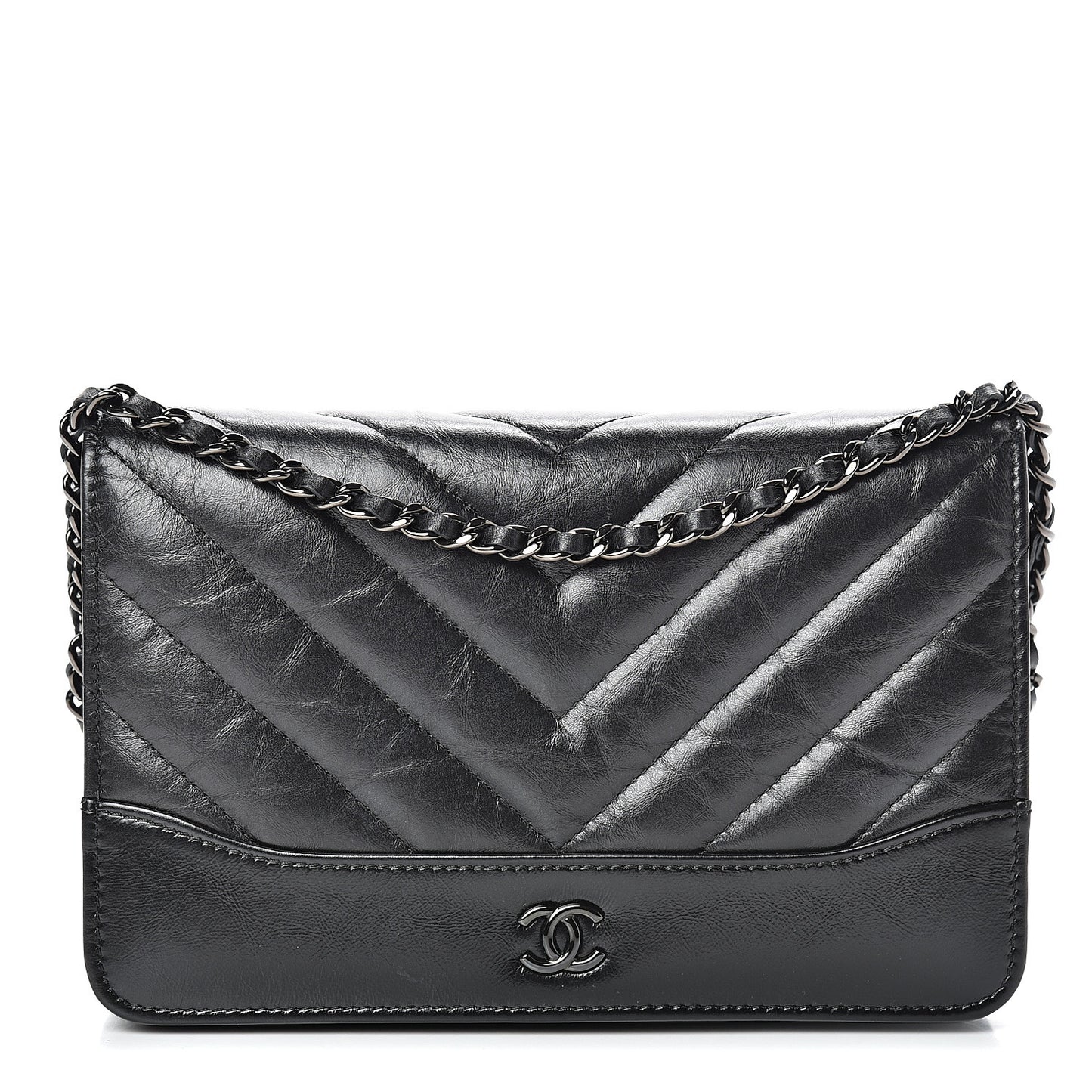 Aged Calfskin Chevron Quilted Gabrielle Wallet On Chain WOC Black