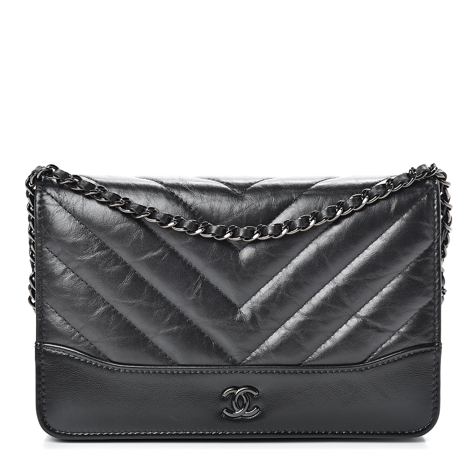 Chanel Aged Calfskin Chevron Quilted Gabrielle Wallet On Chain WOC Black 1 of 16