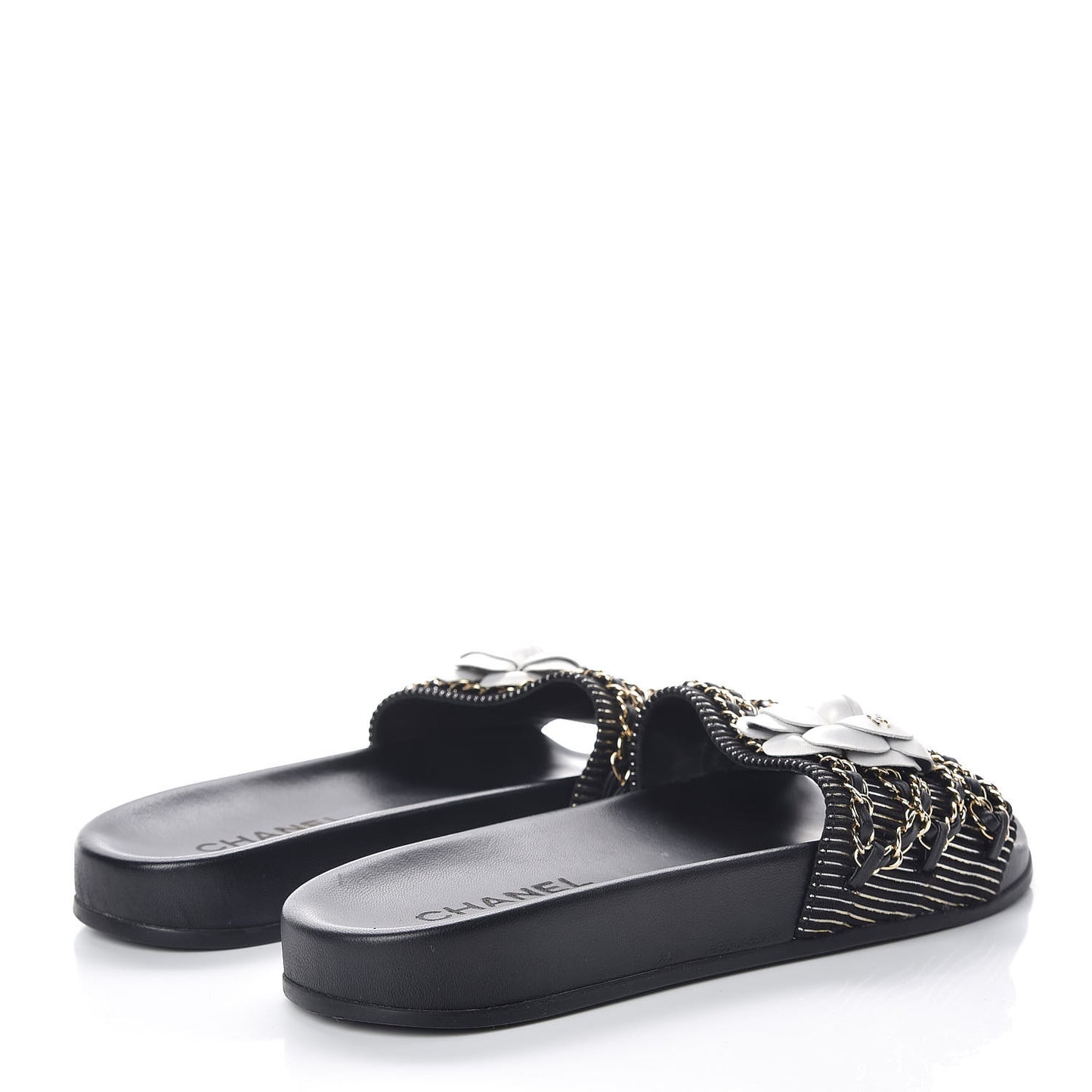 Calfskin Chain Camellia Flat Sandals 40 Black