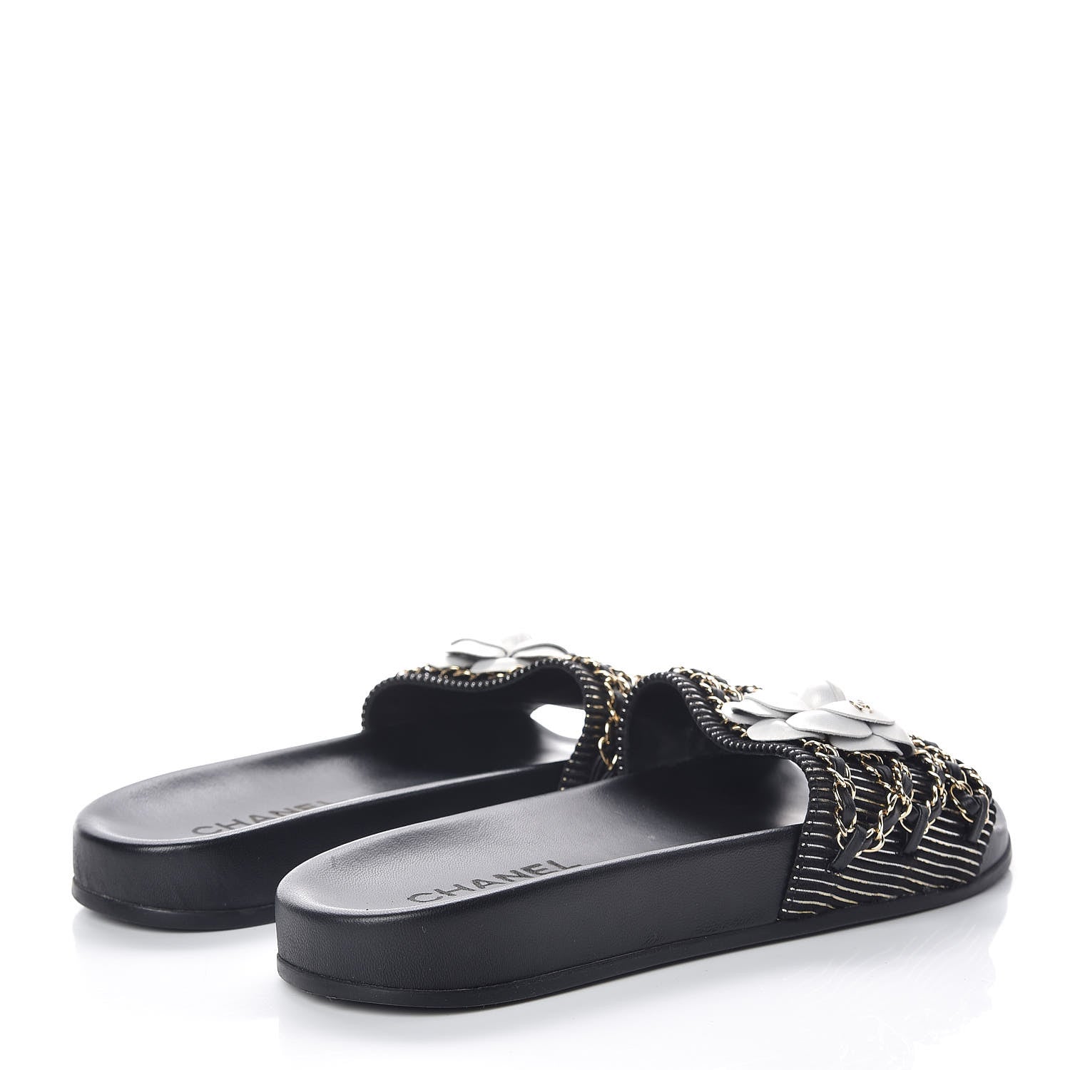 Chanel Calfskin Chain Camellia Flat Sandals 40 Black 4 of 8
